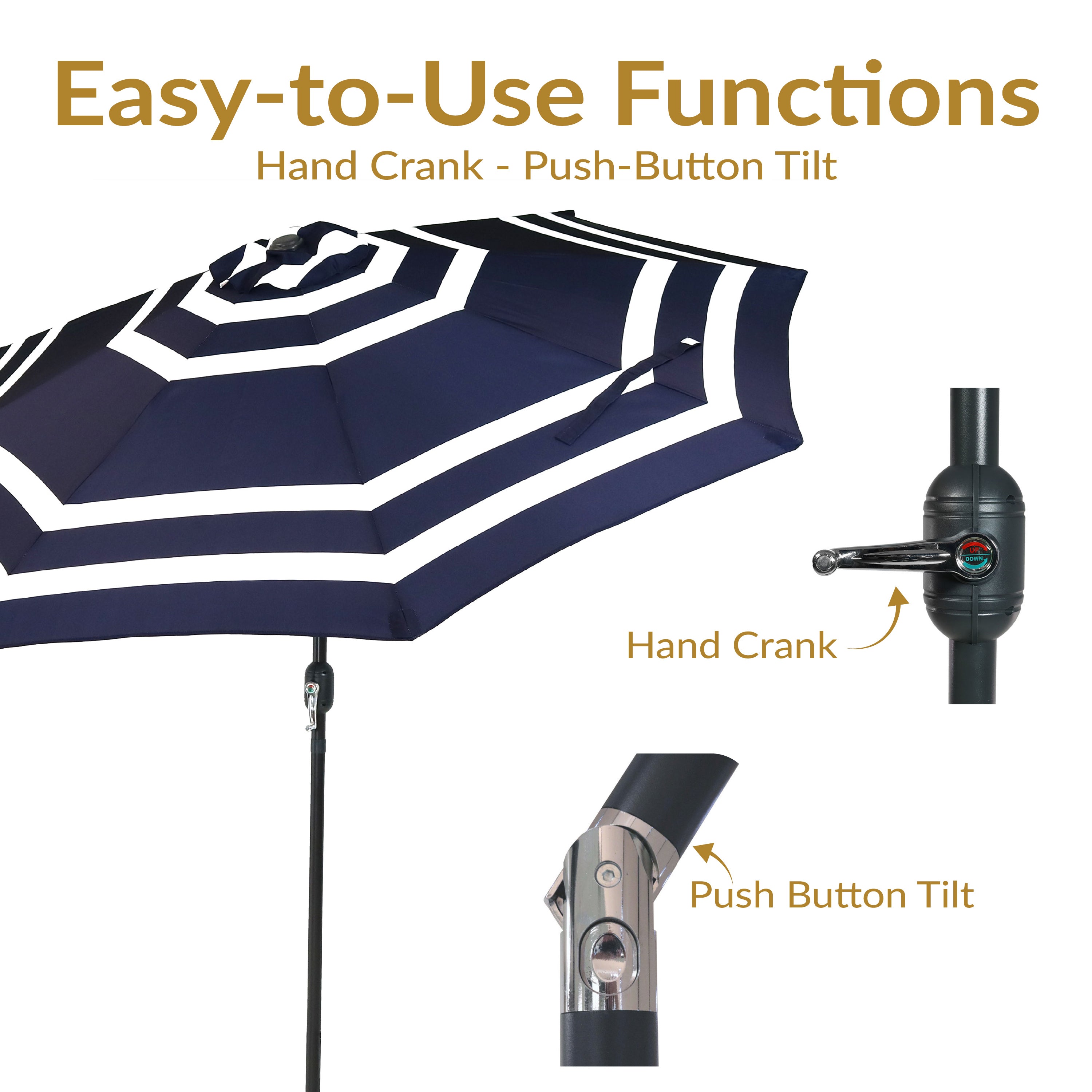 Sunnydaze 9-Foot Striped Outdoor Patio Umbrella with Push Button Tilt & Easy Crank Lift - Perfect for Poolside, Backyard, Garden, and Deck Shade