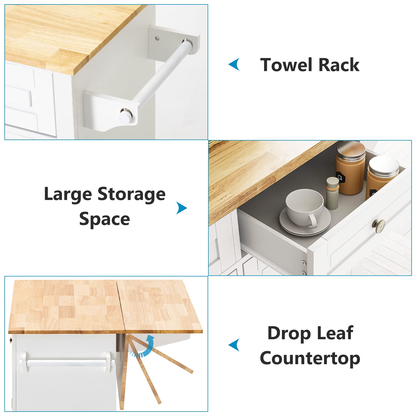 Rolling Kitchen Island with Drop Leaf – White Matte Movable Kitchen Cart on Wheels with Storage Cabinet, Rubber Wood Top, Rack, and Drawers – Perfect for Small Kitchens, Dining, and Entertaining