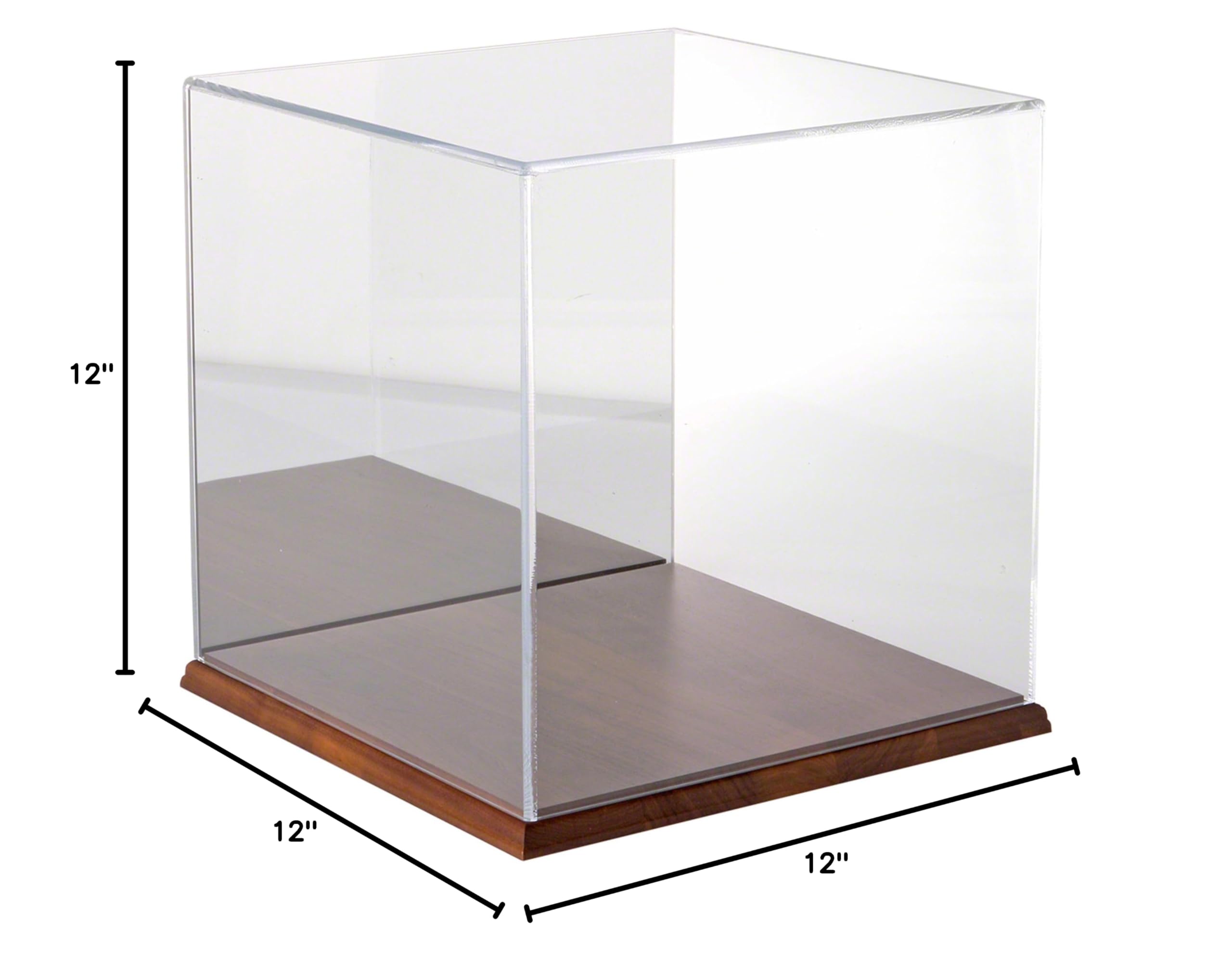 Plymor 12x12x12 Inch Clear Acrylic Display Case with Hardwood Base & Mirror Back - Perfect for Collectibles, Jewelry, and Retail Merchandise Display