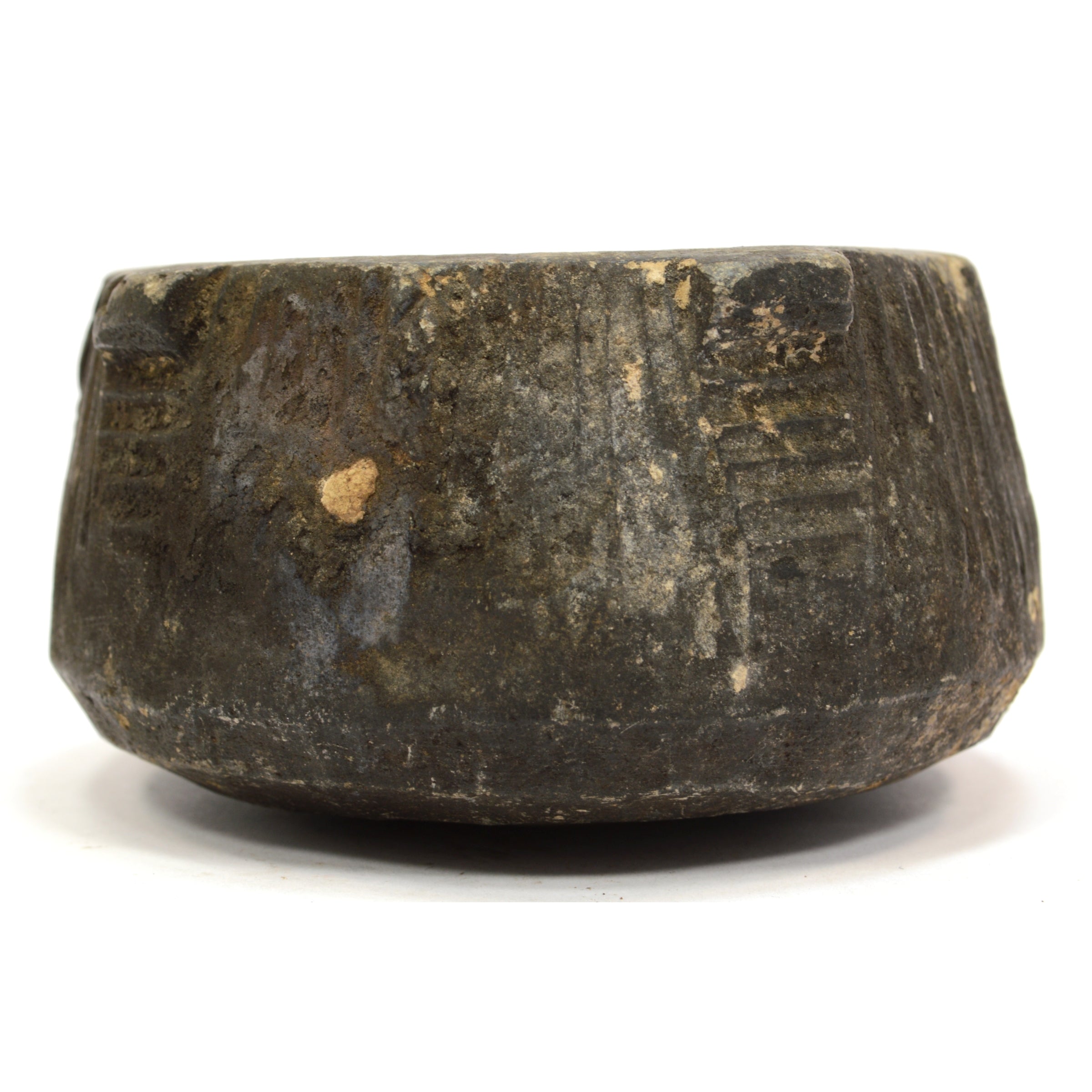 Ancient Pre-Columbian Steatite Bowl - Hand-Carved Black Soapstone with Nubs & Ribbed Design - Authentic Artifact for Home Decor, Meditation & Collectors