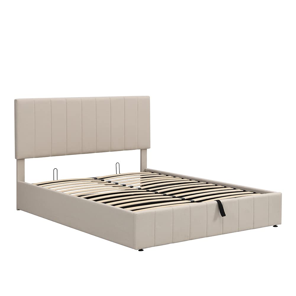 Queen Size Upholstered Platform Bed with Hydraulic Storage - Solid Wood Frame, Easy Assembly, Modern Beige Fabric - Perfect for Small Bedrooms & Guest Rooms