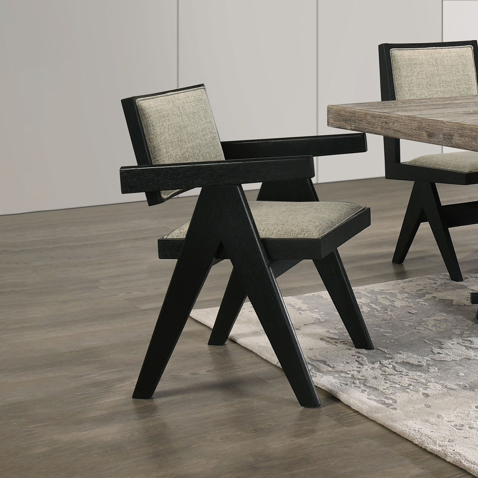 Modern Black 2-Piece Dining Arm Chairs with Light Gray Fabric Upholstery and Plank Arms - Elegant Dining Room Seating for Home, Restaurant, or Cafe