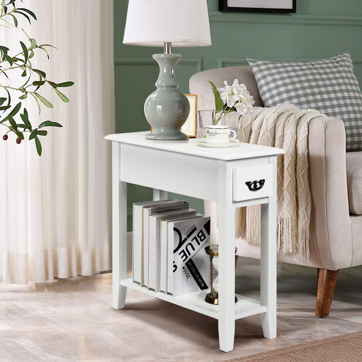 Tangkula Slim Narrow End Table with Drawer & Open Shelf - Small Space-Saving Side Table for Living Room, Bedroom, Nightstand - 9.8 x 23.6 x 23.6 Inches (White) - Perfect for Apartments, Dorms & Tight Spaces