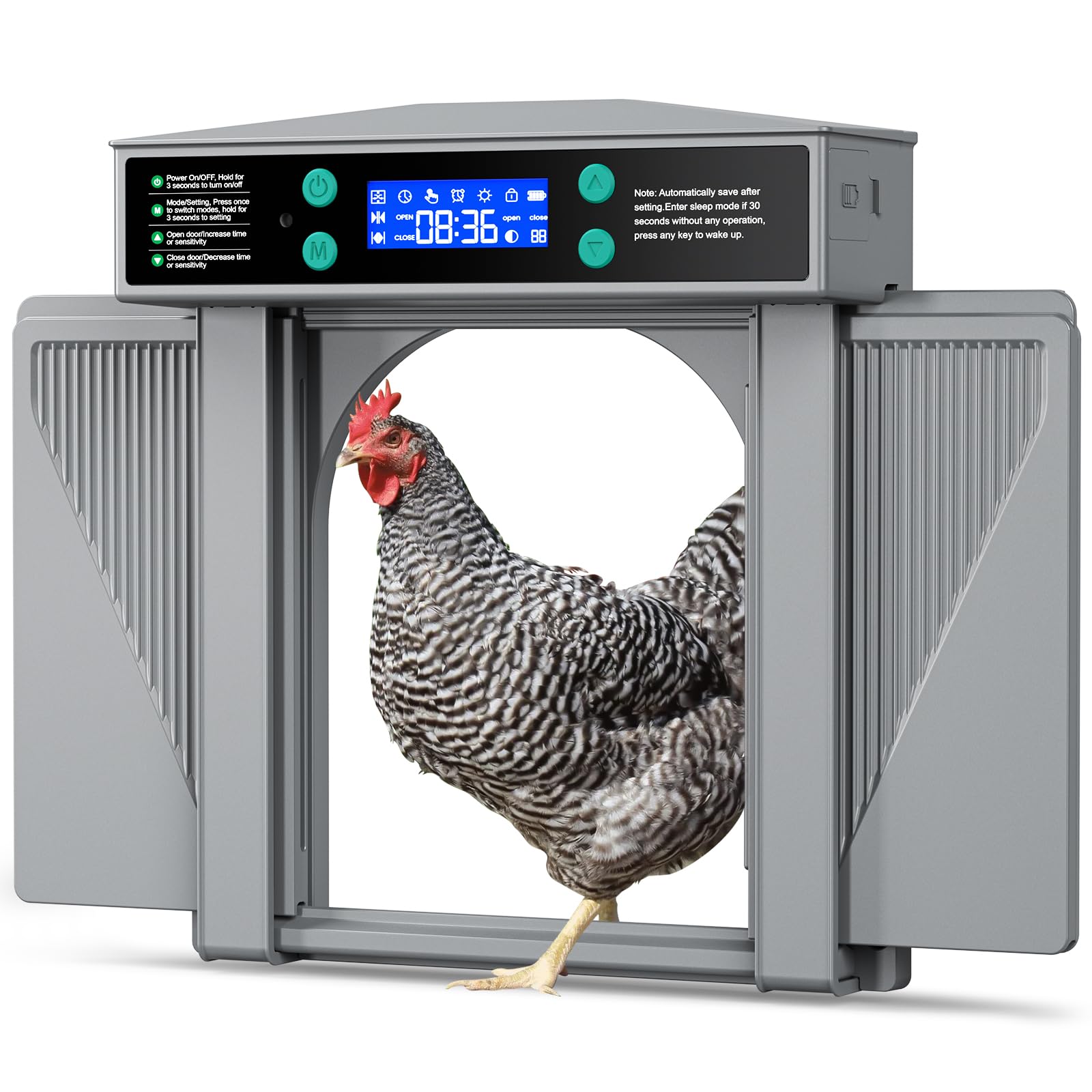 Automatic Chicken Coop Door with 3 Modes - Manual, Timer & Light Sensor | Anti-Pinch Safety Design | Battery/DC Powered (Grey) | Perfect for Poultry Farming, Backyard Chicken Coops & Small Livestock Shelters