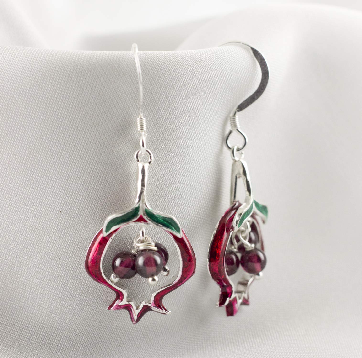 925 Sterling Silver Pomegranate Drop Earrings with Garnet Beads - Elegant Dangling Judaica Jewelry for Women, Perfect for Bat Mitzvah, Hanukkah & Special Occasions