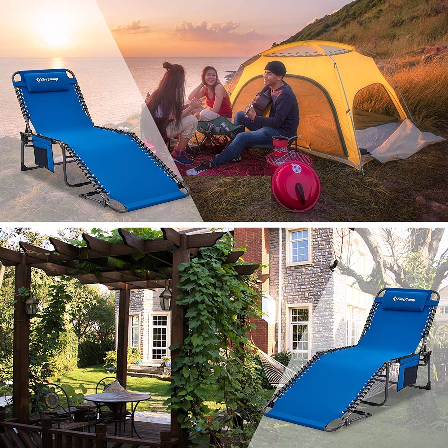 KingCamp Outdoor Chaise Lounge Chair - Foldable Sun Chair for Patio, Camping, Beach, Pool & Garden - Heavy Duty Portable Adjustable Recliner with Pillow - Perfect for Sunbathing, Relaxing in Yard or Lawn