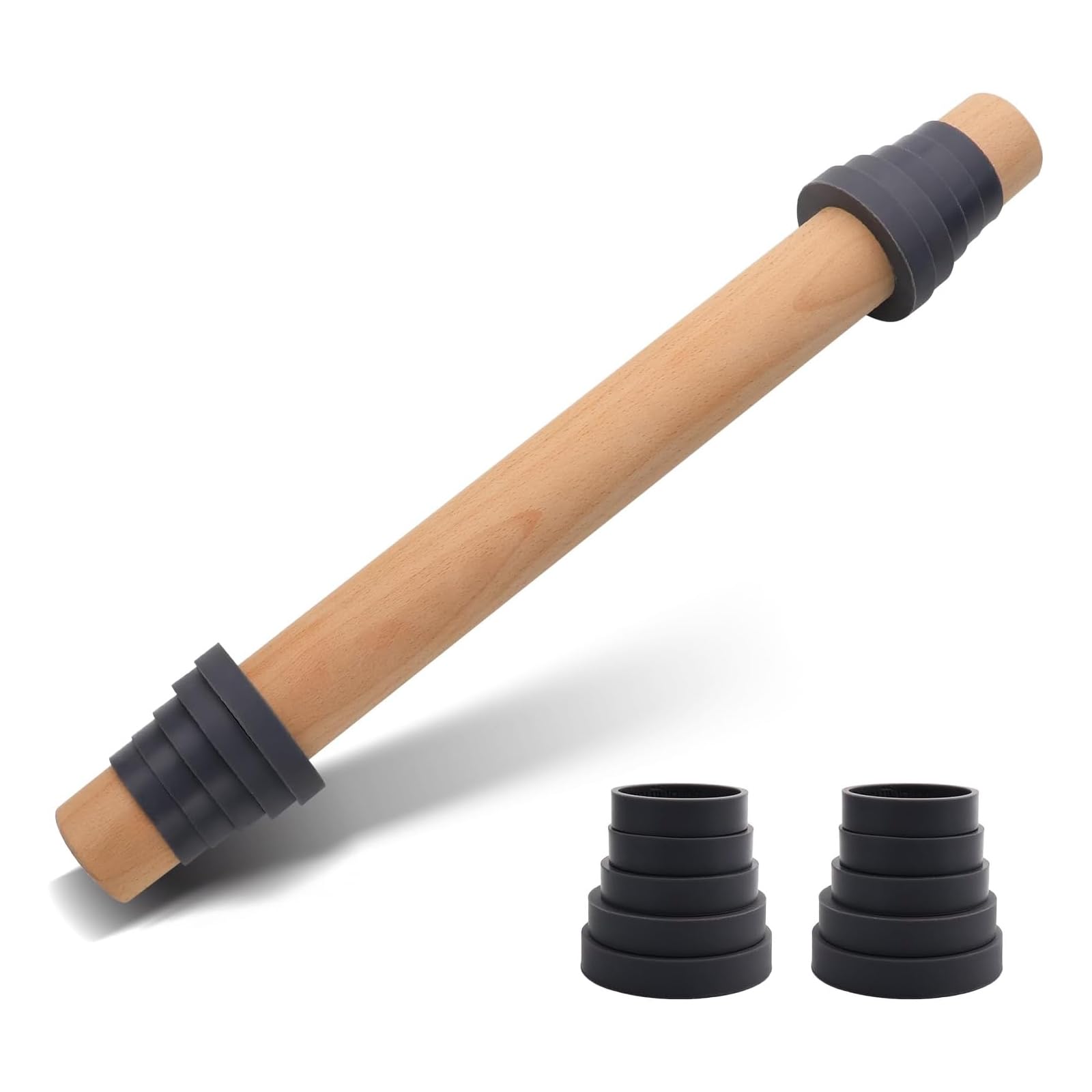 Non-Stick Adjustable 17.5 Inch Wooden Rolling Pin with Thickness Rings - Perfect for Baking Cookies, Pies, Pastry & Fondant | Dough Roller with Spacer Bands for Consistent Thickness | Ideal for Home Bakers & Professional Kitchens