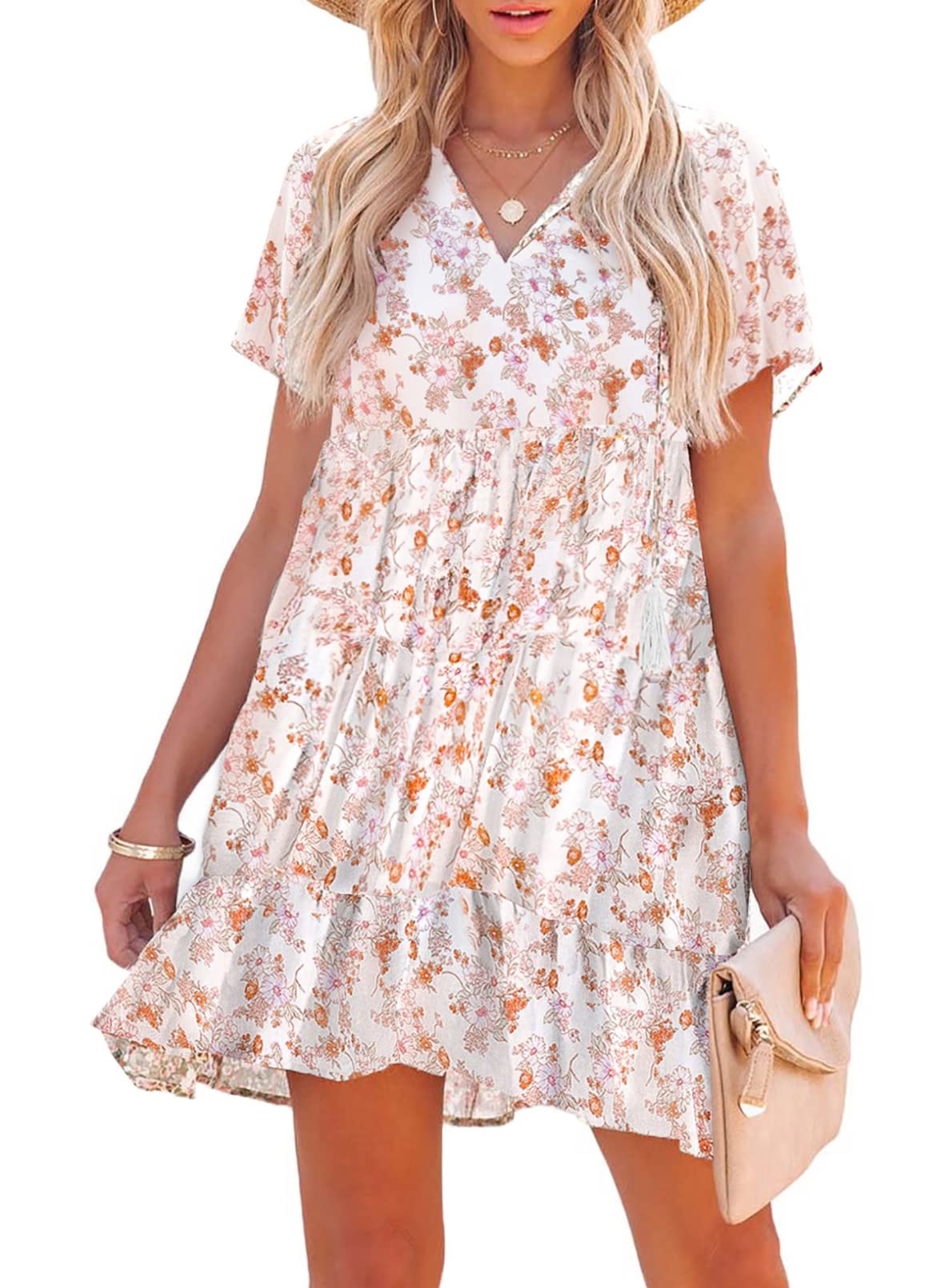 ASVIVID Women's Boho Summer Floral Dress - Casual V-Neck Ruffle Mini Dress with Short Sleeves, A-Line Swing Dress for Beach Vacation, Party & Date Night