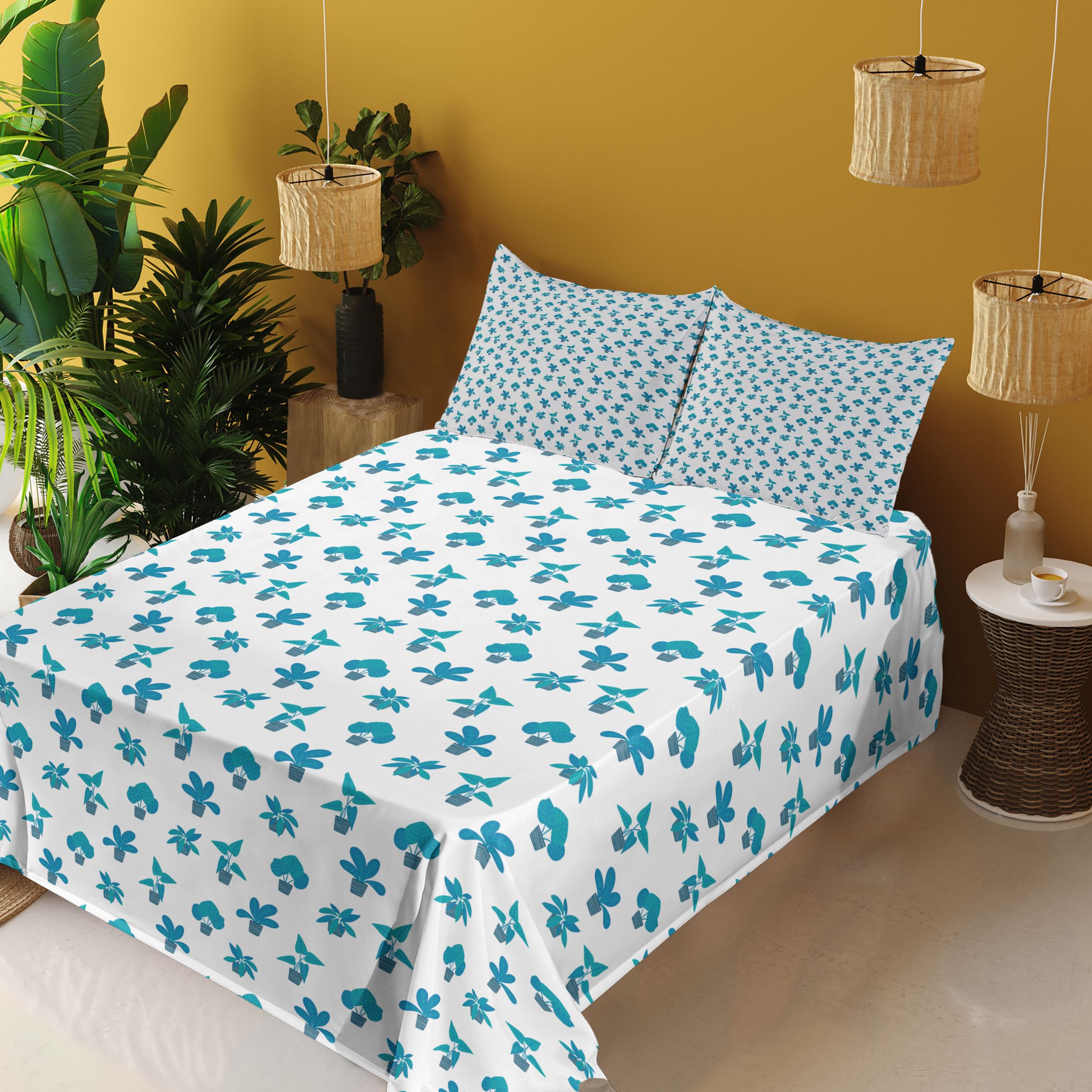 Ambesonne Floral King Size 4-Piece Sheet Set - Repeating Botanical Plants Design on Plain Background, Fitted & Flat Sheets with Pillowcases, Sea Blue & Dark Turquoise - Perfect for Master Bedroom, Guest Room & Vacation Home Decor
