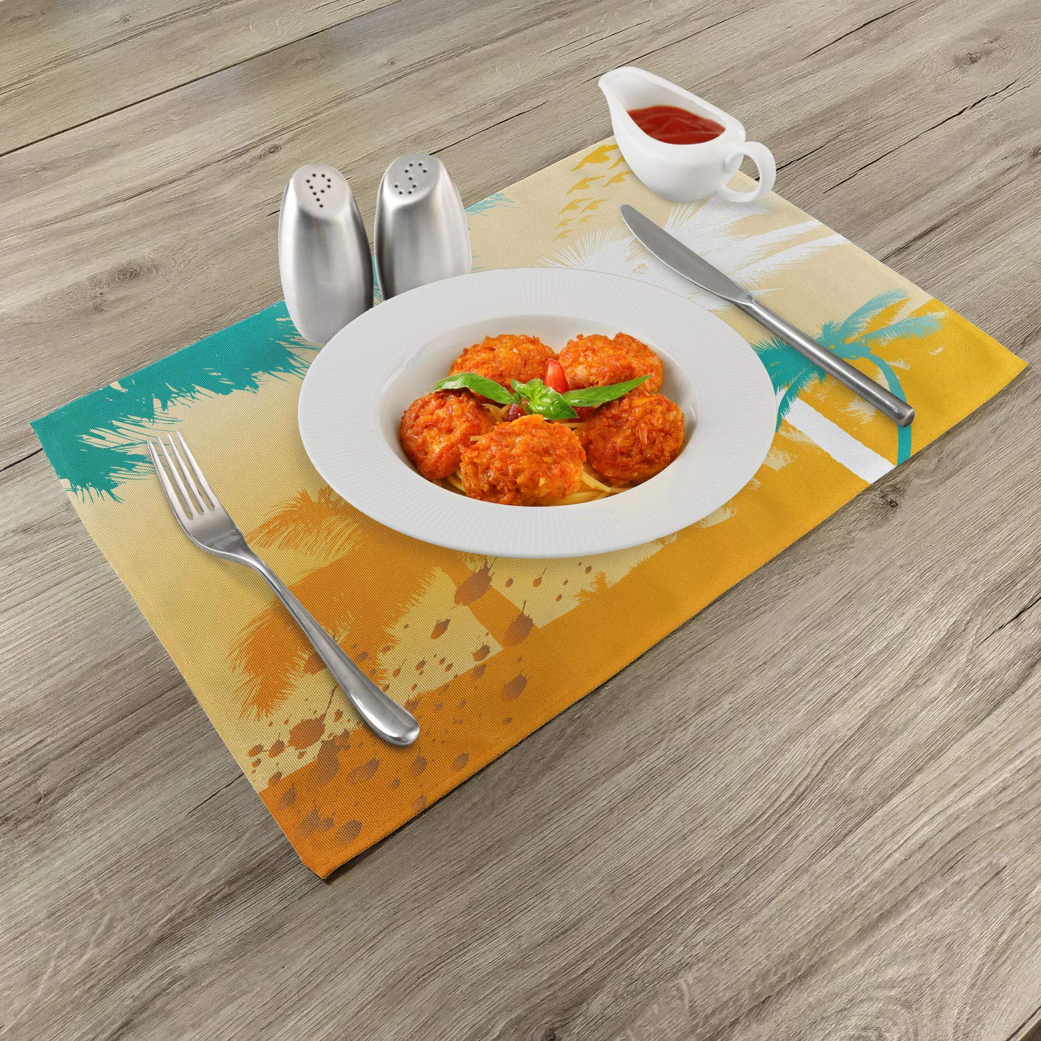 Ambesonne Tropical Place Mats Set of 4 - Vibrant Palm Silhouette Retro Design, Washable Fabric Table Mats for Dining Room & Kitchen Decor in Marigold, Teal & White | Perfect for Beach-Themed Parties, Summer Dining & Boho Home Styling