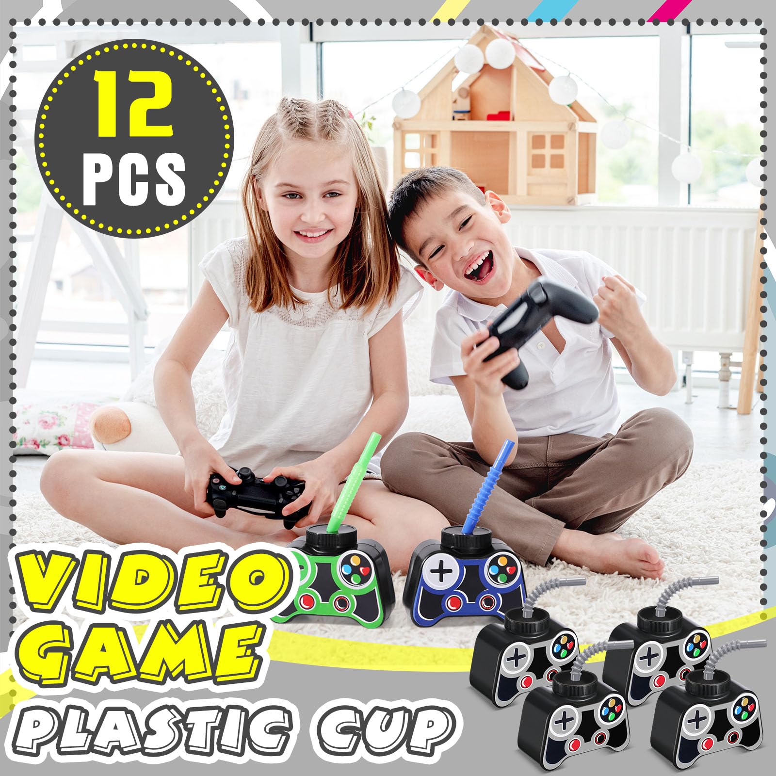 12 Pack 10oz Plastic Video Game Themed Cups with Straw & Lid - Gray Gaming Party Drinkware for Boys Birthday, Game Night & Esports Events
