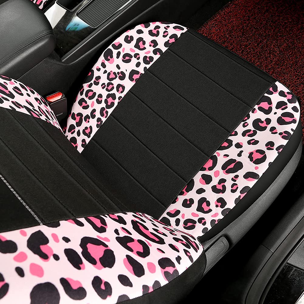 GIANT PANDA Pink Leopard Print Car Seat Covers - Bucket & Low Back Design for Cars & SUVs | Airbag Compatible | Perfect for Daily Commute & Road Trips