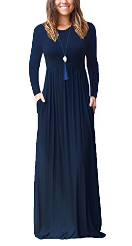 GRECERELLE Women's Long Sleeve Loose Plain Maxi Dress with Pockets - Casual Flowy Midi Dress for Everyday Wear, Beach Cover Up & Boho Outfits
