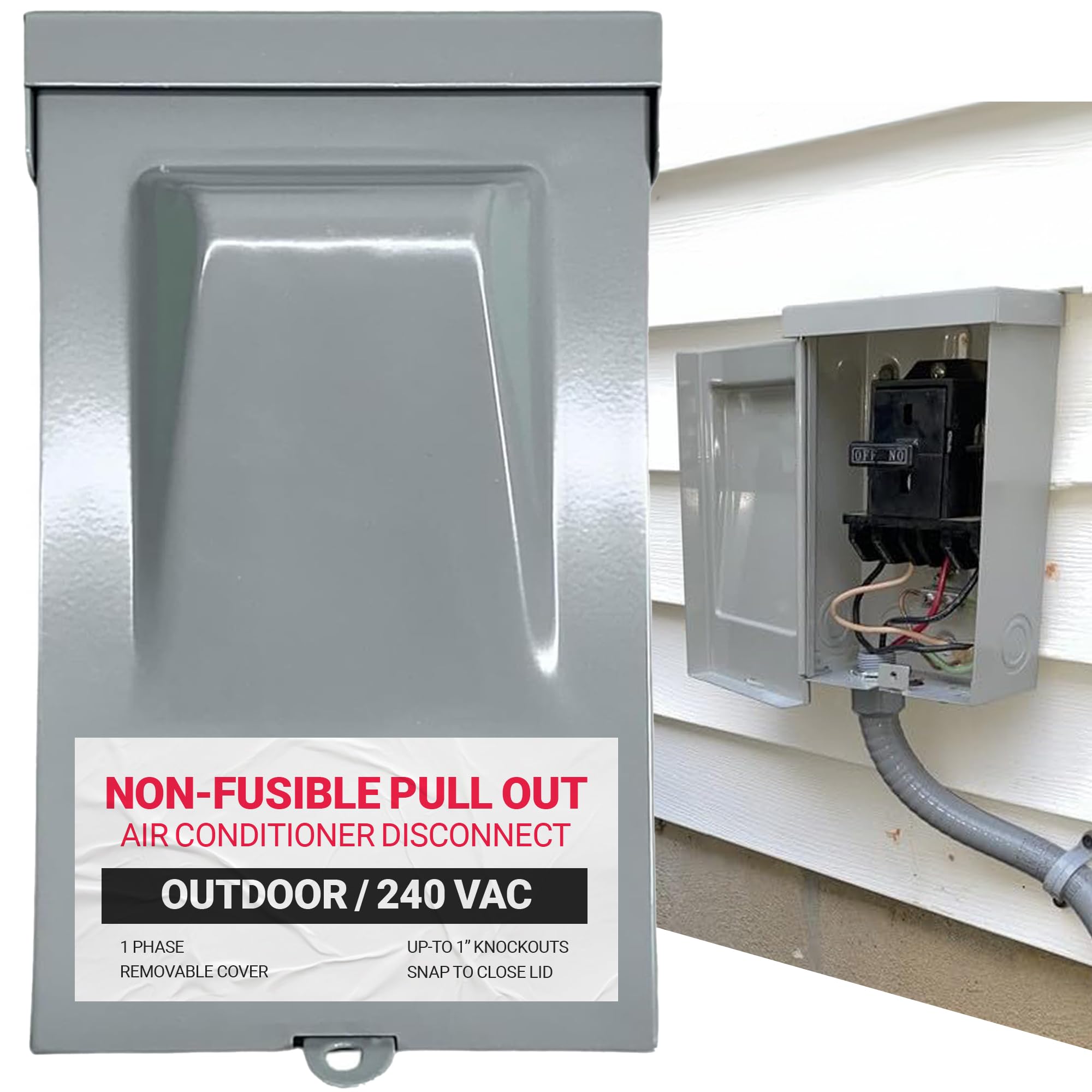 DuctlessAire 60 Amp Non-Fused AC Disconnect Outdoor Box - 240V Metal Safety Switch Enclosure for Air Conditioner, Heat Pump, HVAC & Generator | Weatherproof Electrical Breaker Box for Home & Commercial Use