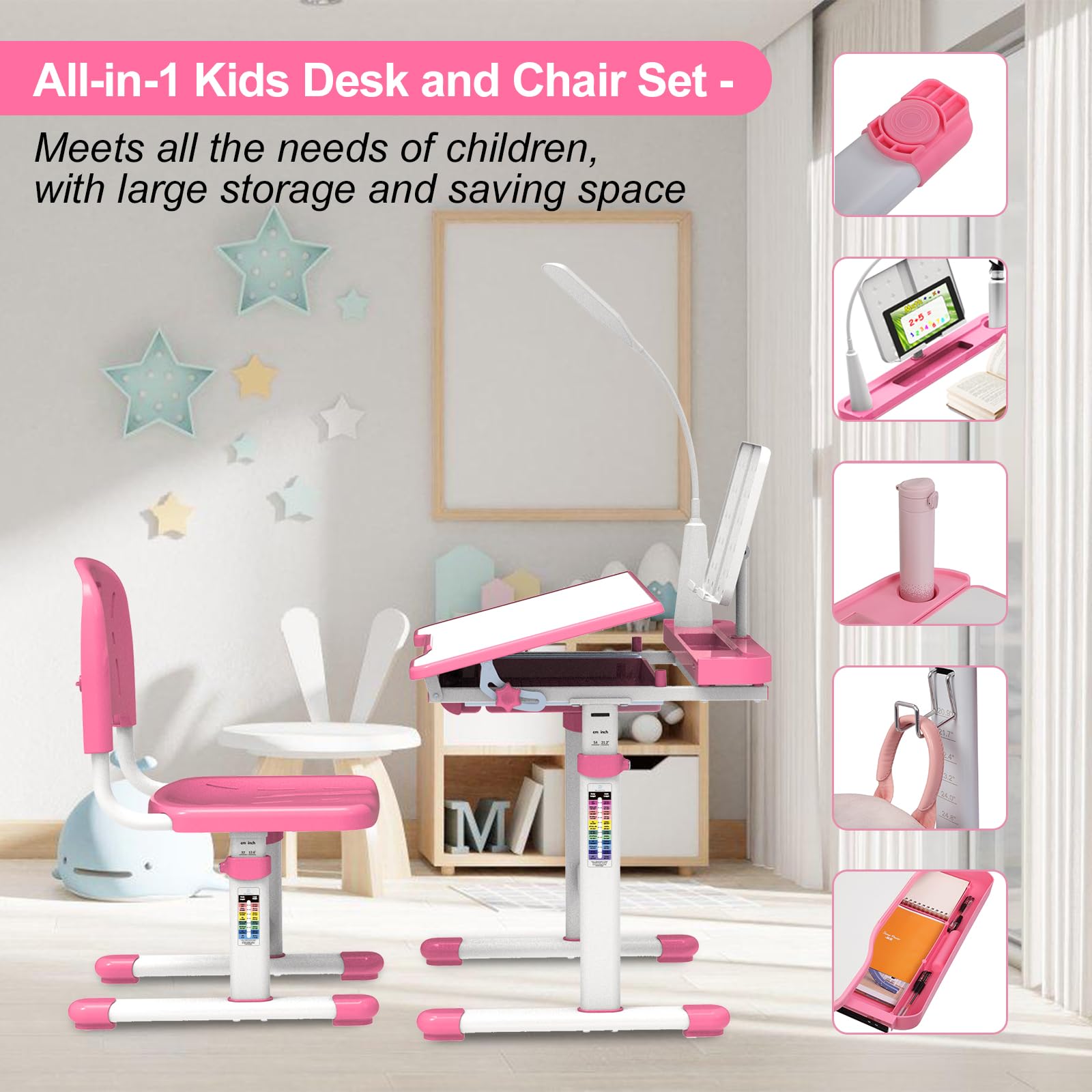 Adjustable Kids Study Desk with LED Light - Height & 40° Tiltable Desktop for Children Ages 5-8 | Perfect Birthday, Christmas & New Year Gift (Pink) | Ideal for Homework, Drawing & Reading Activities