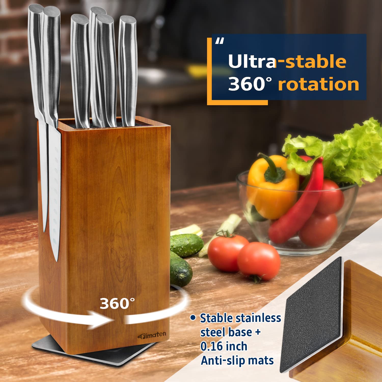 360° Rotatable Magnetic Knife Holder - Universal Acacia Wood Knife Block with Extra Strong Magnets for Knives & Utensils | Space-Saving Kitchen Organizer for Countertops, Drawers & Small Kitchens