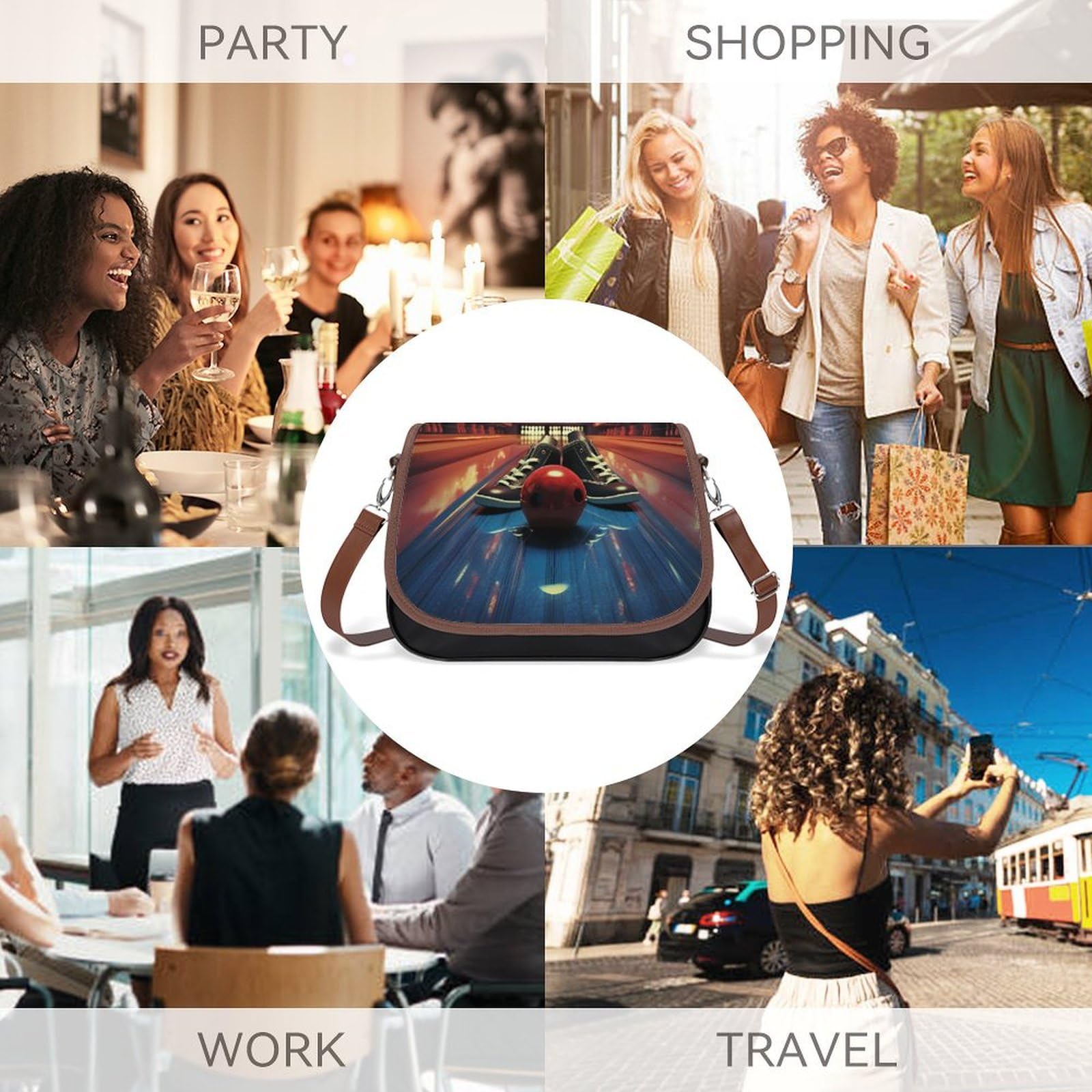 Women's PU Leather Crossbody Bag - Bowling Shoes & Balls Shoulder Purse Messenger Satchel for Sports & Casual Outings