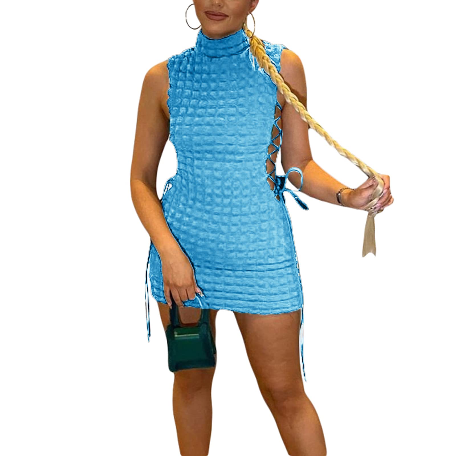 KMBANGI Women's Sexy Plaid Bodycon Dress - High Neck Turtleneck Hollow Out Pencil Dress with Wrap Design | Perfect for Date Night, Club Outfits & Holiday Parties