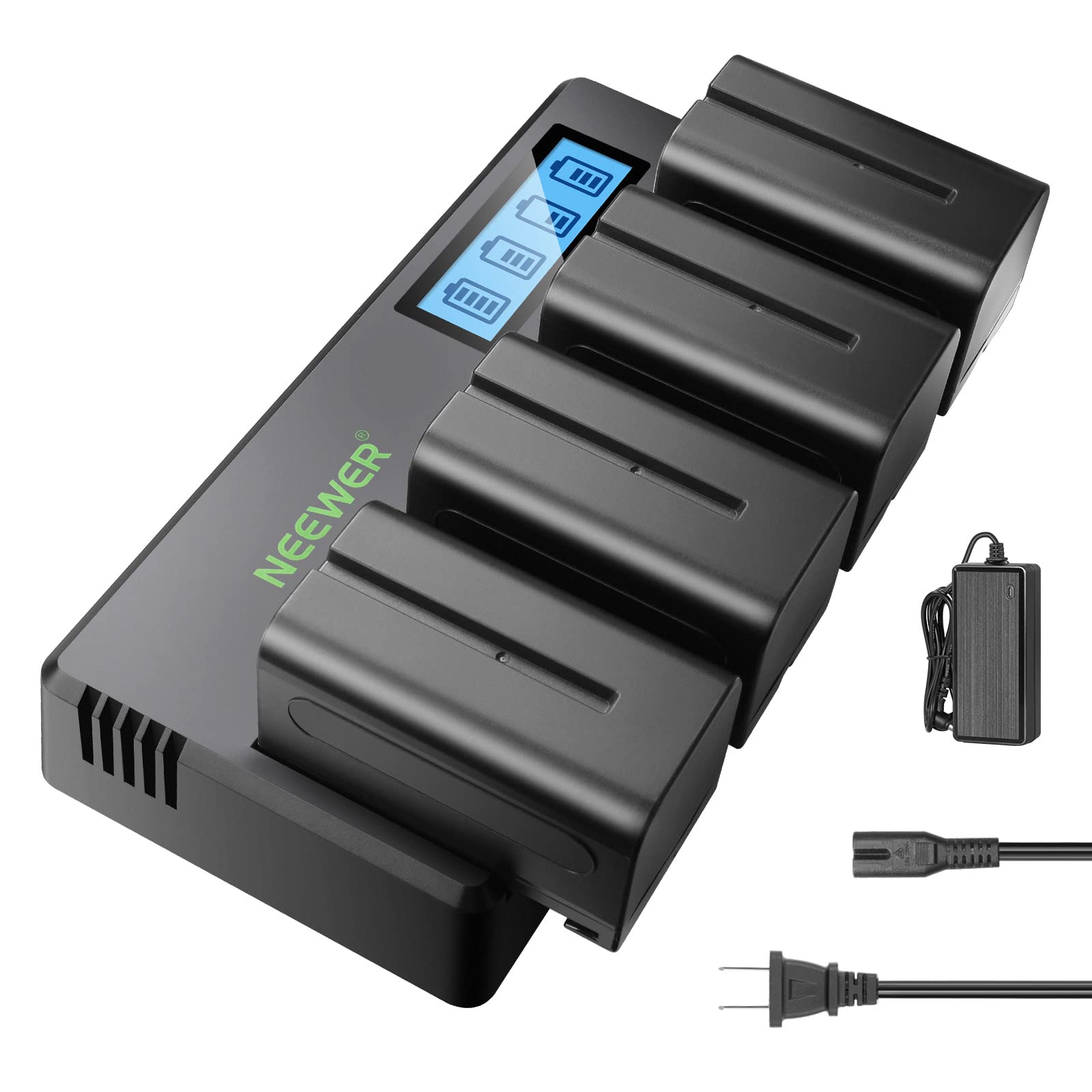 Neewer 4-Pack NP-F750 Replacement Batteries 7.4V 5600mAh with 4-Channel Charger & Adapter - Compatible with Sony NP-F550/750/770/970, FM500H, QM71D, QM91D - Power Camera Field Monitors, Video Lights & DSLR Equipment