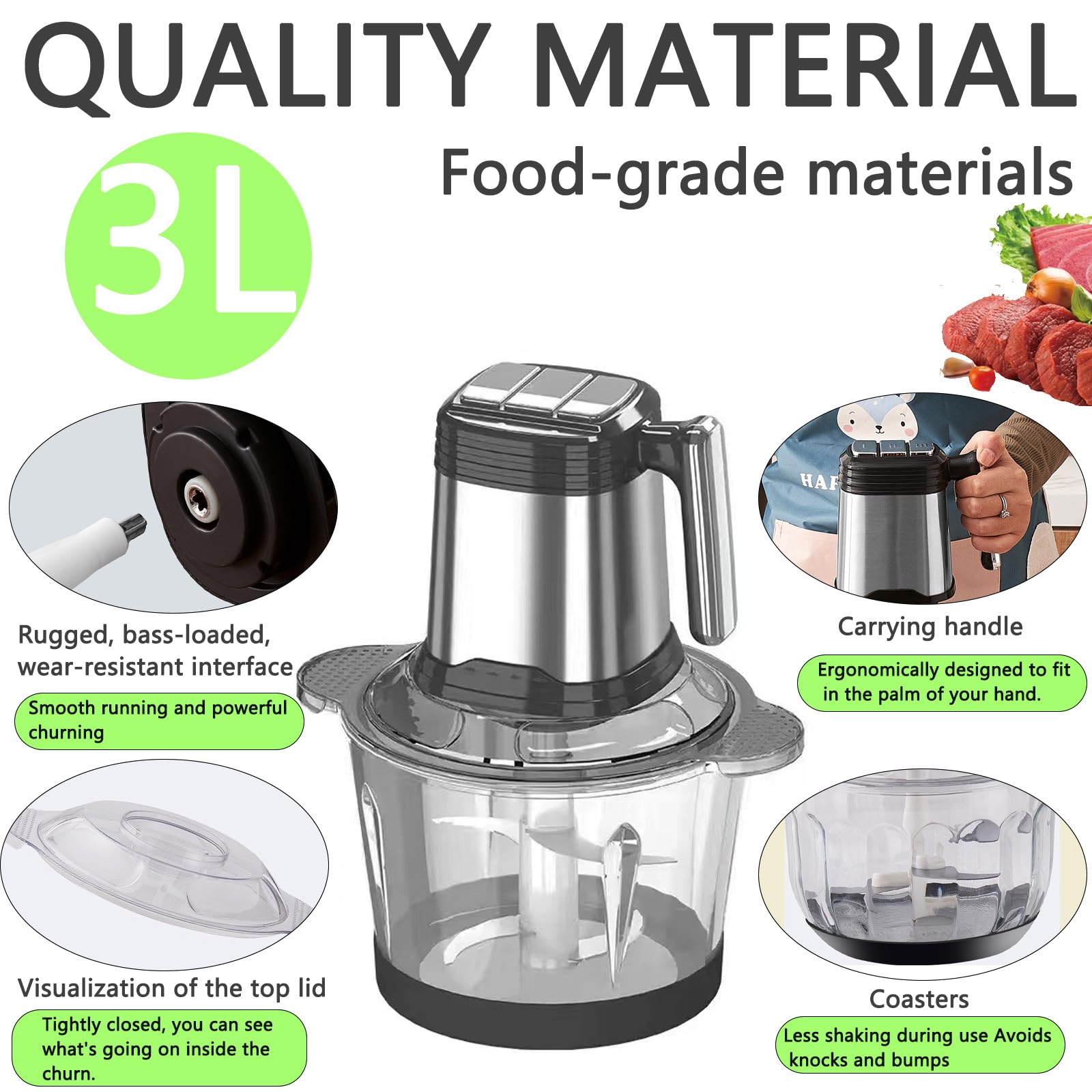 500W Electric Food Processor & Meat Grinder - 3L (8 Cup) Glass Bowl with Handle, 2 Sharp Blades & 2 Speeds - Powerful Kitchen Chopper for Vegetables, Onions, Garlic, Meat, Nuts - Perfect for Meal Prep, Smoothies, and Homemade Sauces