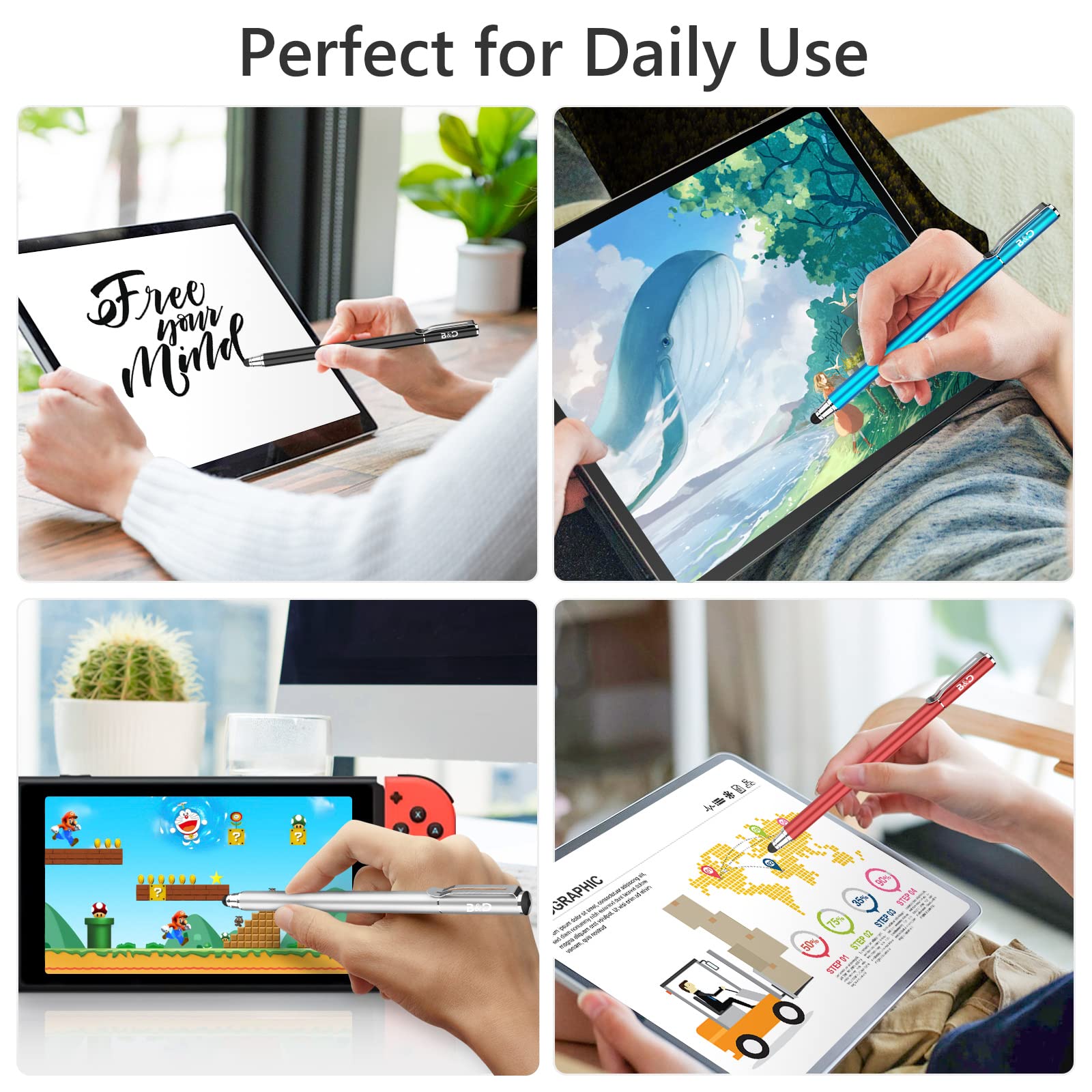 Universal 2-in-1 Stylus Pen with 20 Replacement Tips for Touch Screens - Compatible with iPad, iPhone, iPod, Kindle, Galaxy Tablets - Perfect for Drawing, Note-Taking & Digital Signatures (Black)