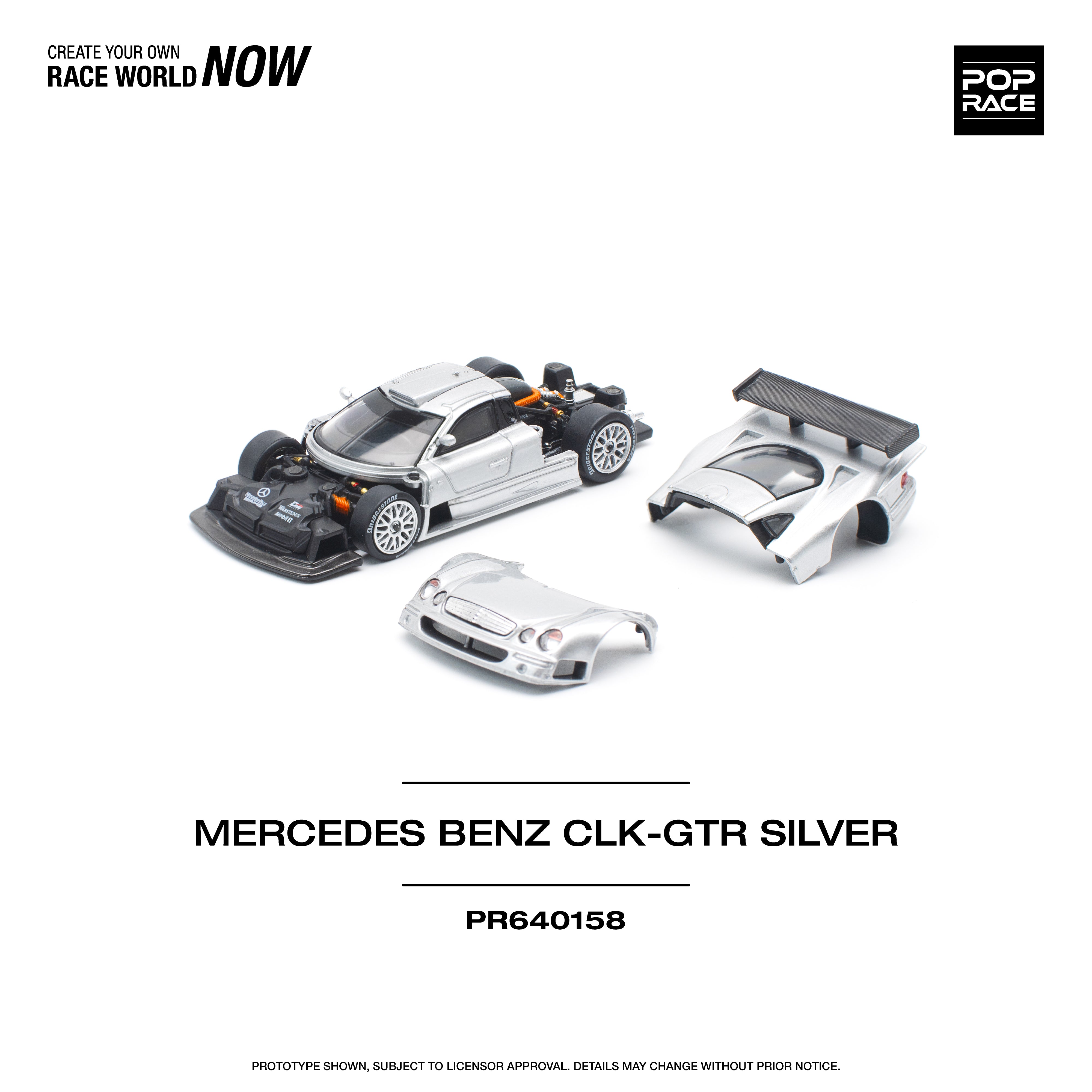 Pop Race 1:64 Scale Mercedes Benz AMG CLK GTR Diecast Model Car - Silver Collector's Edition | Perfect for Display, Racing Enthusiasts & Gift Giving