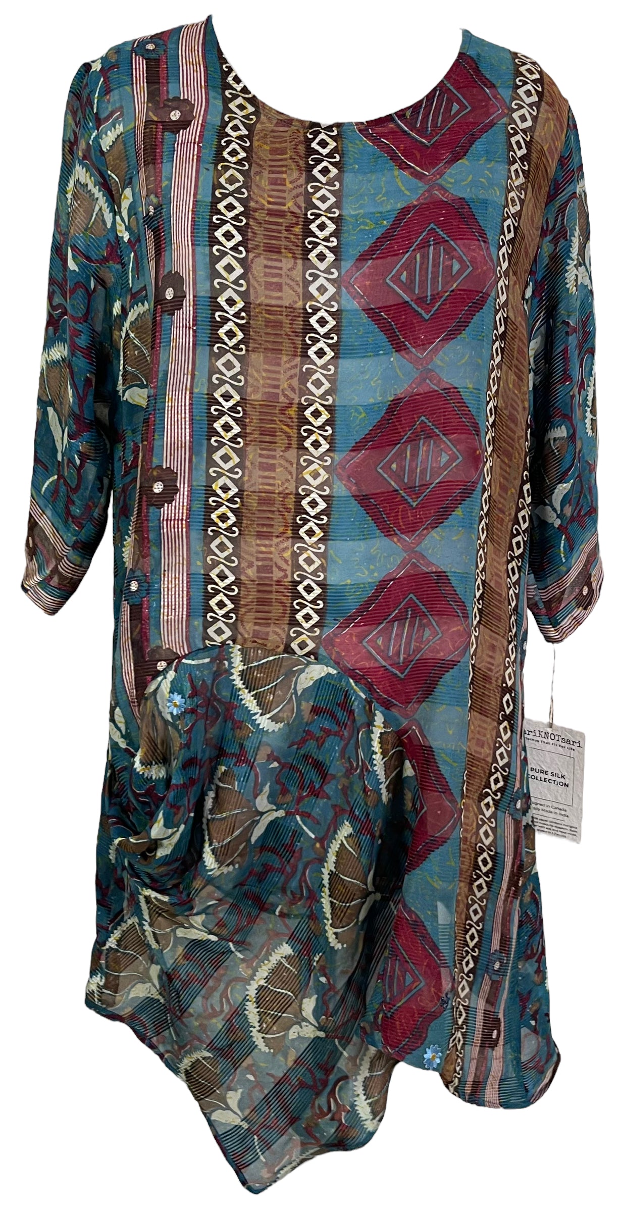PRG6038 Sheer Avatar Pure Silk Self Pocket Tunic Dress for Women - Elegant Long Sleeve Flowy Blouse for Office, Party & Special Occasions