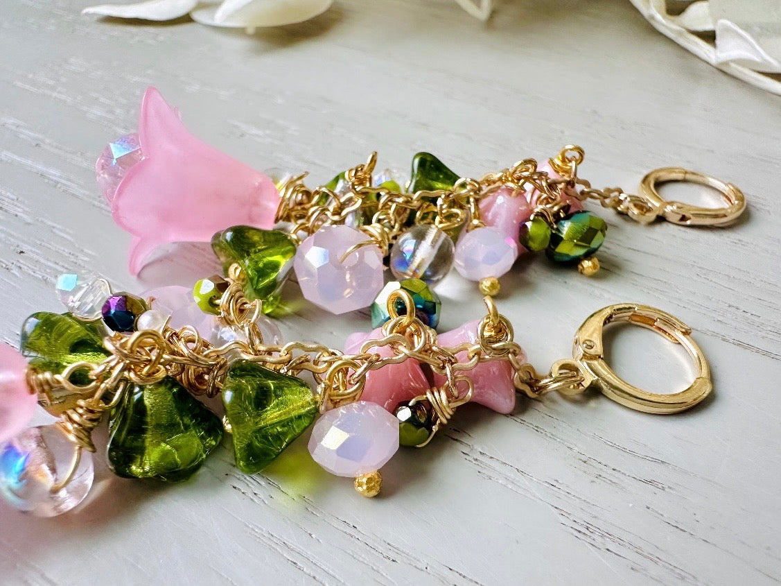 Wicked Inspired Pink and Green Cascading Fairy Flower Earrings with Crystal Bubbles & Glass Flowers – Perfect for Cosplay, Theater Performances, and Fantasy Themed Parties