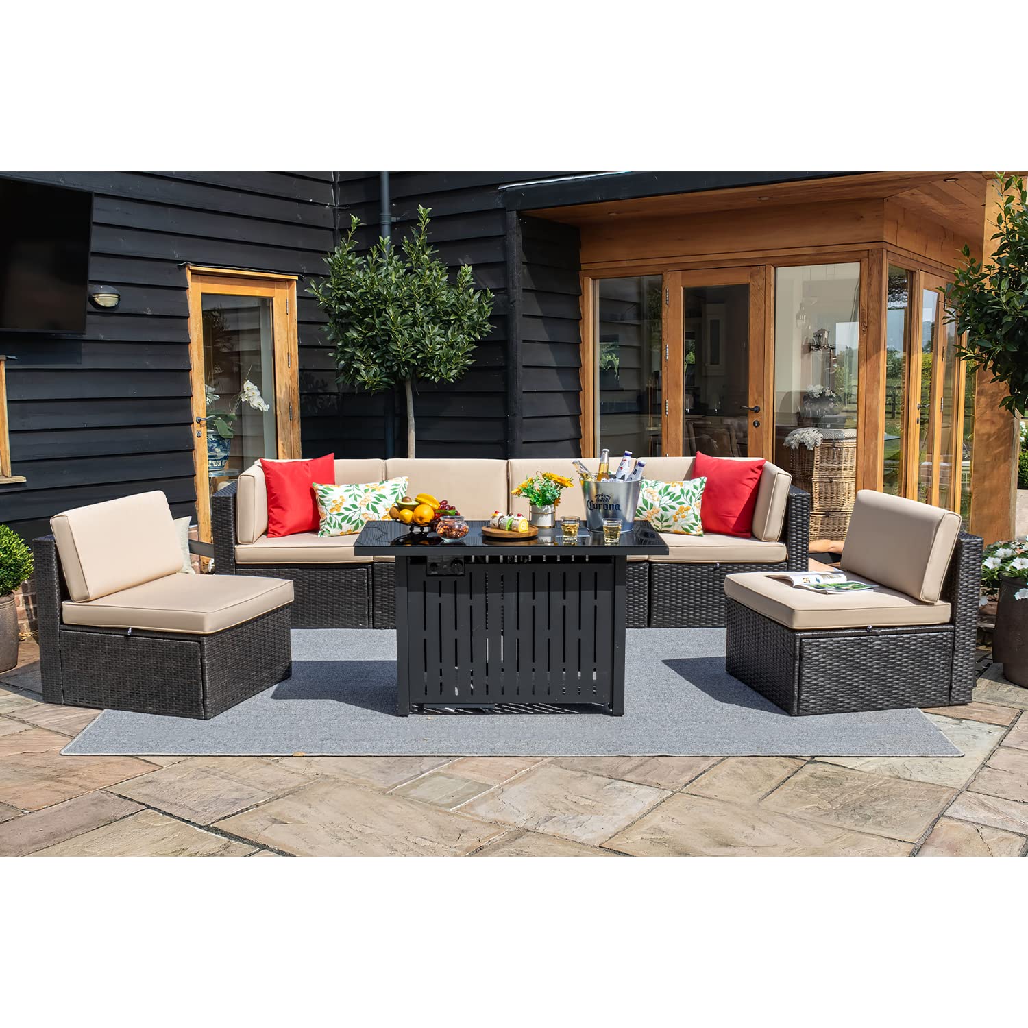 Devoko 7-Piece Outdoor Patio Furniture Set - Waterproof Wicker Sectional Sofa with Fire Pit Table & Cushions - Beige Patio Conversation Set for Backyard, Garden, Poolside & Outdoor Living Spaces