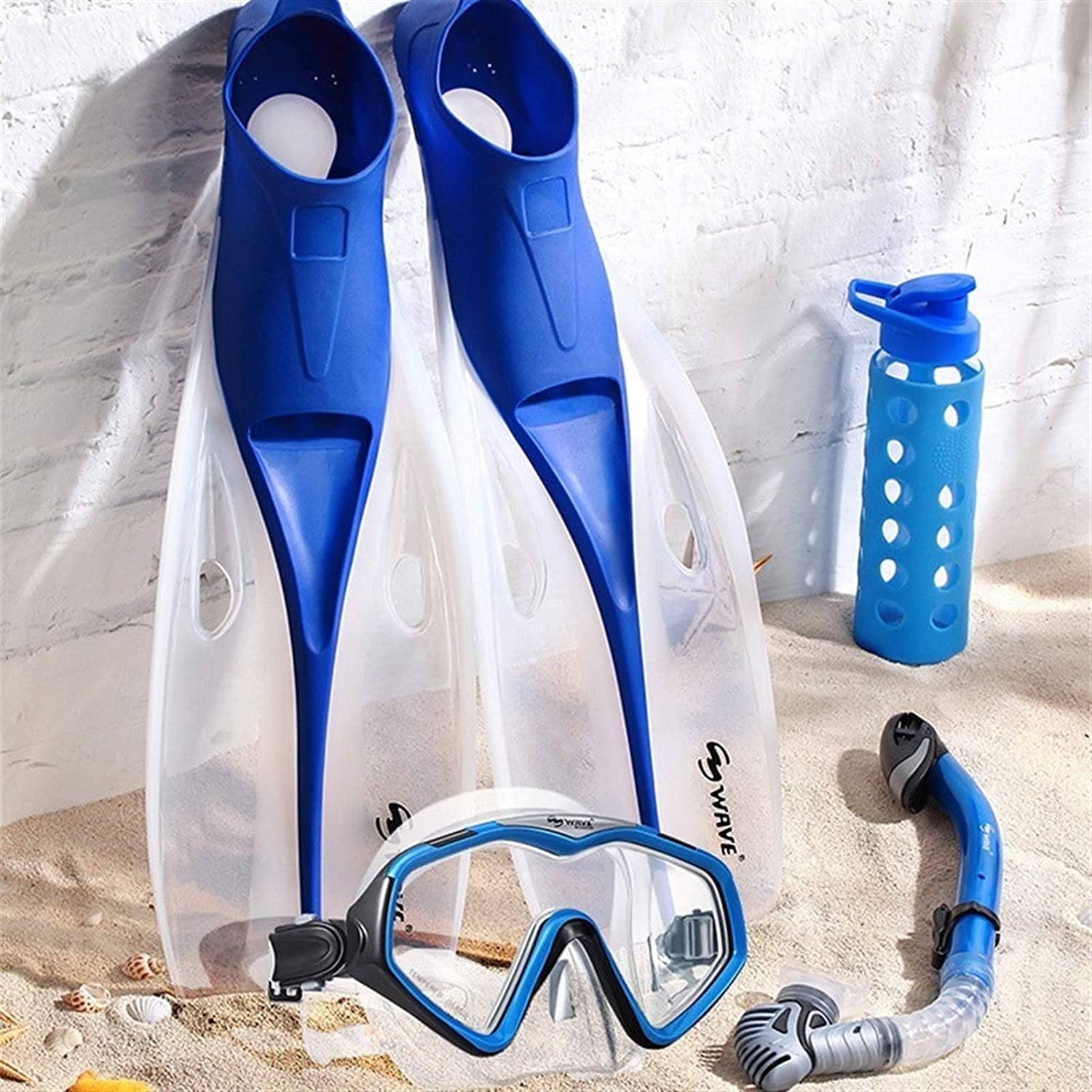 Professional Full Face Snorkel Mask Set - Anti-Fog Silicone Scuba Diving Goggles with Swim Fins for Adults & Kids - Blue Small Size - Perfect for Ocean Adventures, Beach Vacations & Underwater Exploration