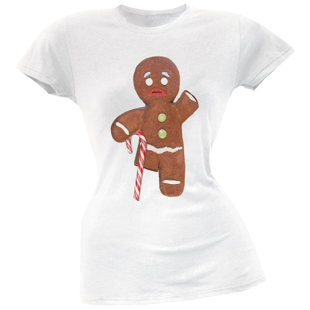 Old Glory Gingerbread Man with Candy Cane Crutch White Soft Juniors T-Shirt - Small | Christmas Holiday Gift, Winter Party Outfit, Festive Family Matching