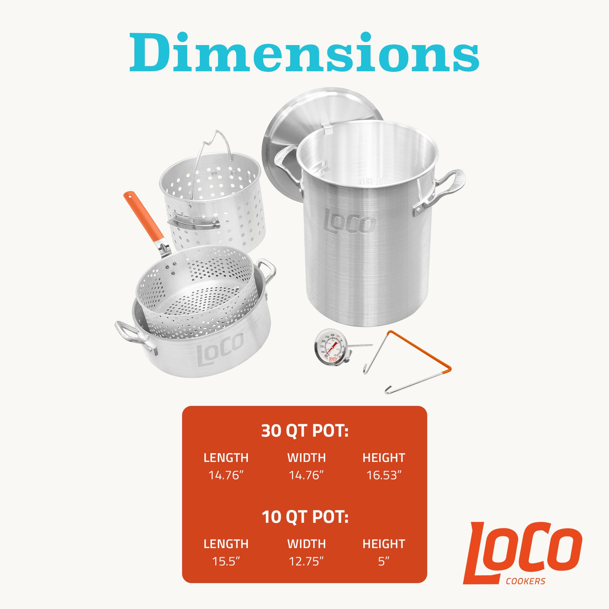 LoCo Cookers 30 Qt Deep Fryer Basket Pot Kit - Aluminum Circular Cooking Pot for Frying, Silver - Perfect for Home Kitchens, Restaurants & Outdoor Cooking
