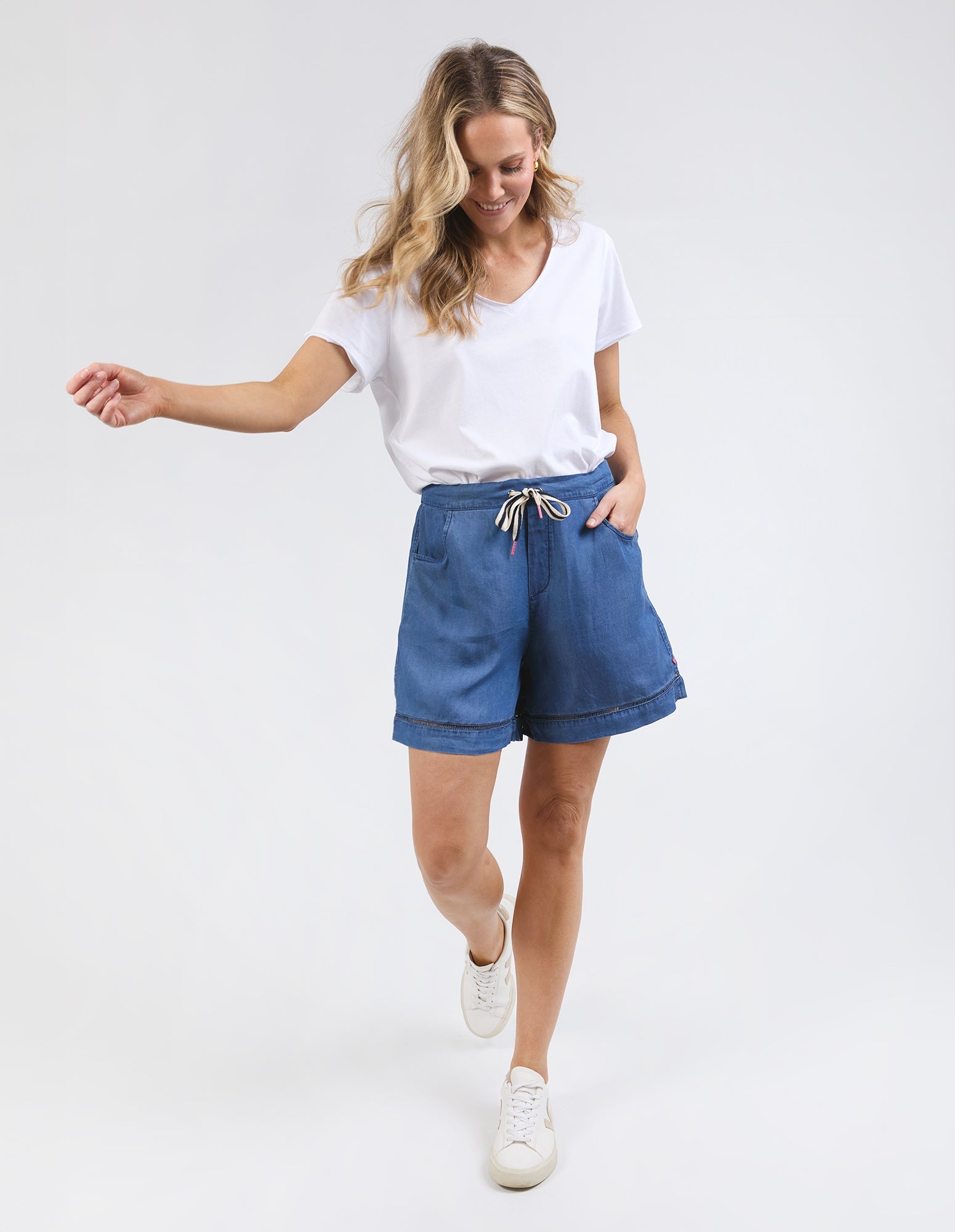 Elm Astrid Chambray Shorts - Women's Dark Blue Washed Denim Shorts for Casual Wear & Summer Outfits