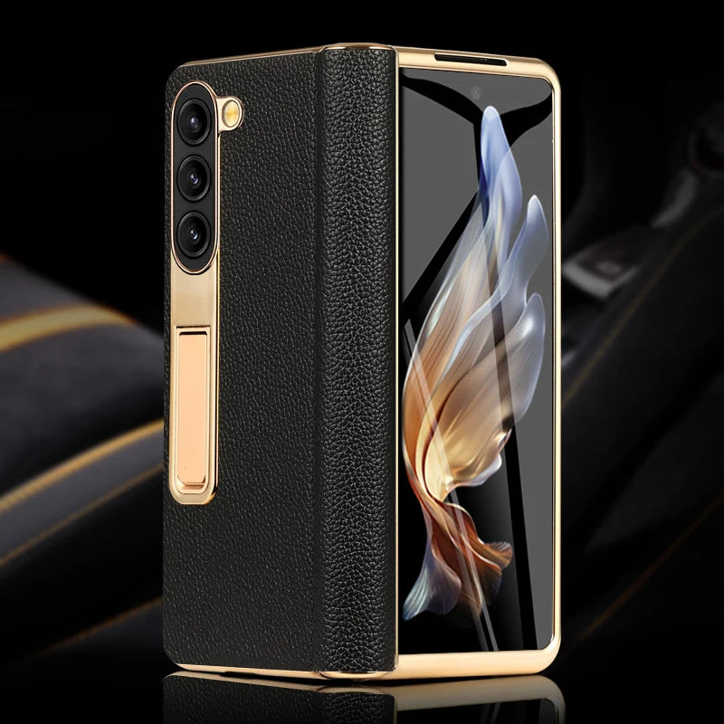 Premium Real Leather Phone Case for Samsung Galaxy Z Fold 6 with Hinge Kickstand - Slim Protective Cover for Work, Travel & Everyday Use