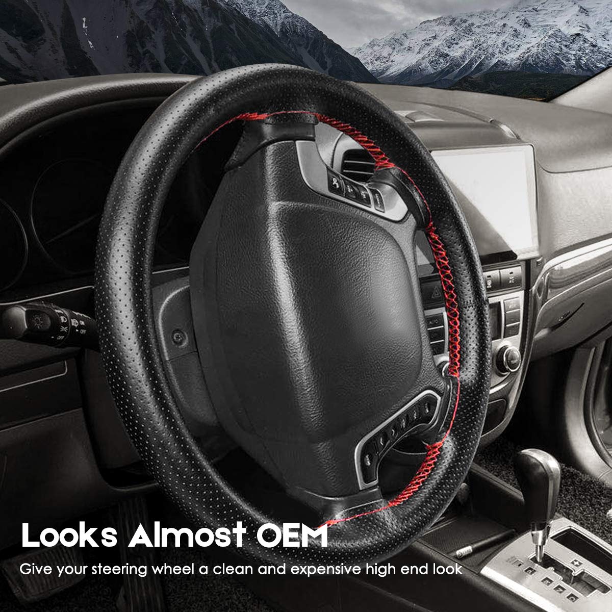 BELINOUS Universal Leather Car Steering Wheel Cover - Stitch On Wrap (Size L6, Black) | Non-Slip Grip & Comfort Driving | Perfect for Sedans, SUVs & Trucks