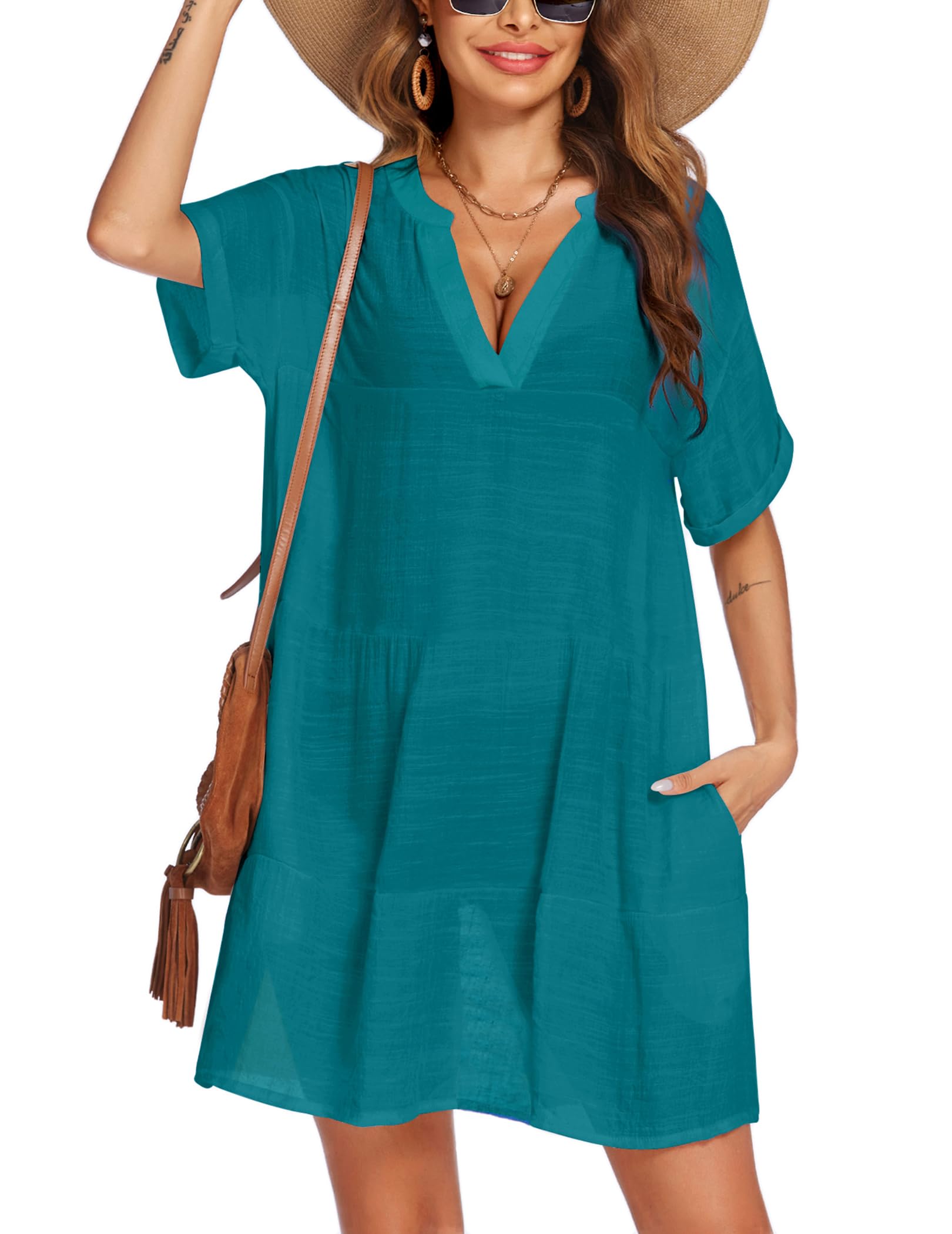 AI'MAGE Women's Swimsuit Cover Up Dress - Lightweight Bikini Beach Coverup with Pockets, A-Line Bathing Suit Dress for Pool, Vacation & Summer Outfits