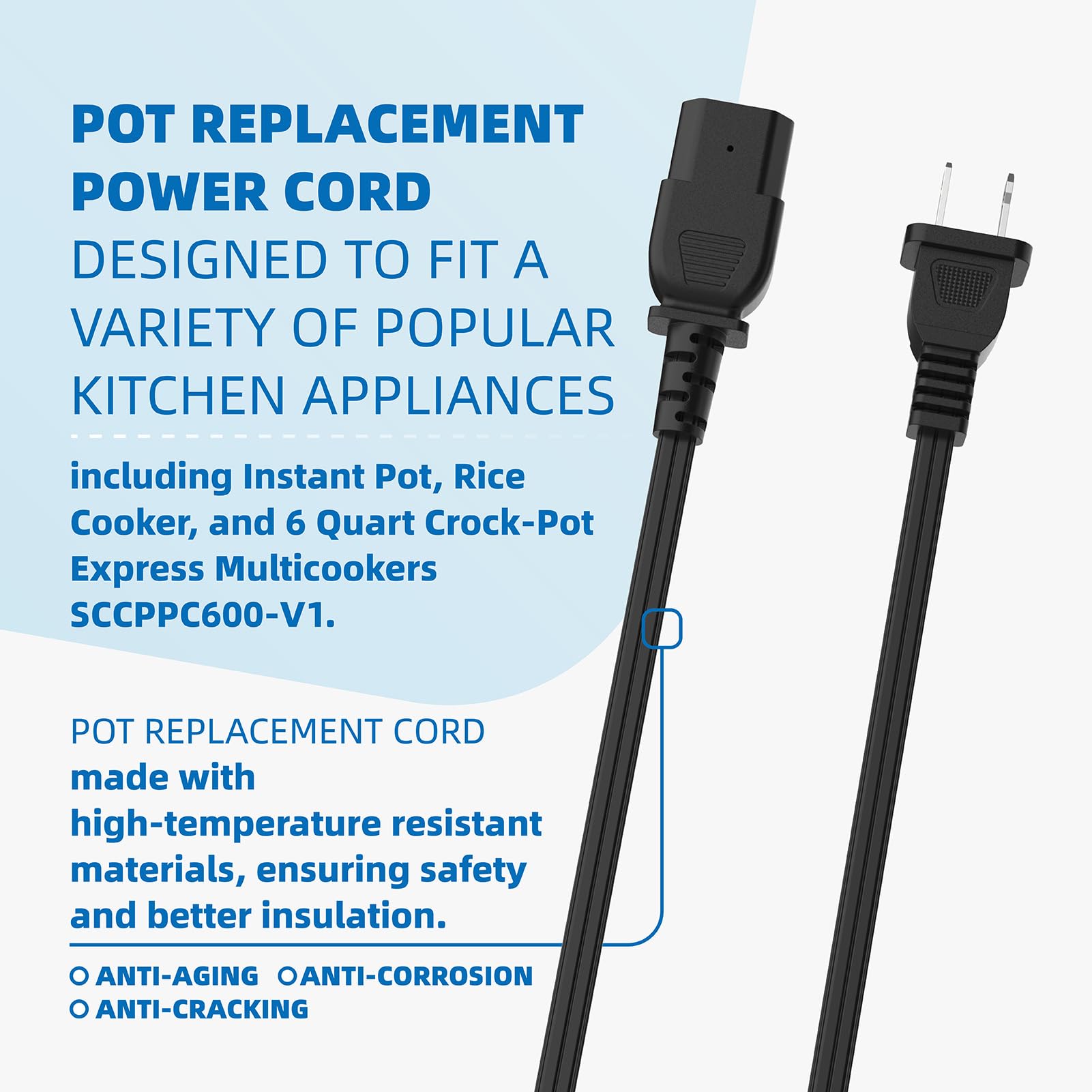 Replacement Power Cord for 6-Quart Crock-Pot Express Multi Cooker SCCPPC600-V1 - Compatible with Instant Pot, Rice Cooker & Slow Cooker - Perfect for Home Kitchen, Meal Prep & Pressure Cooking