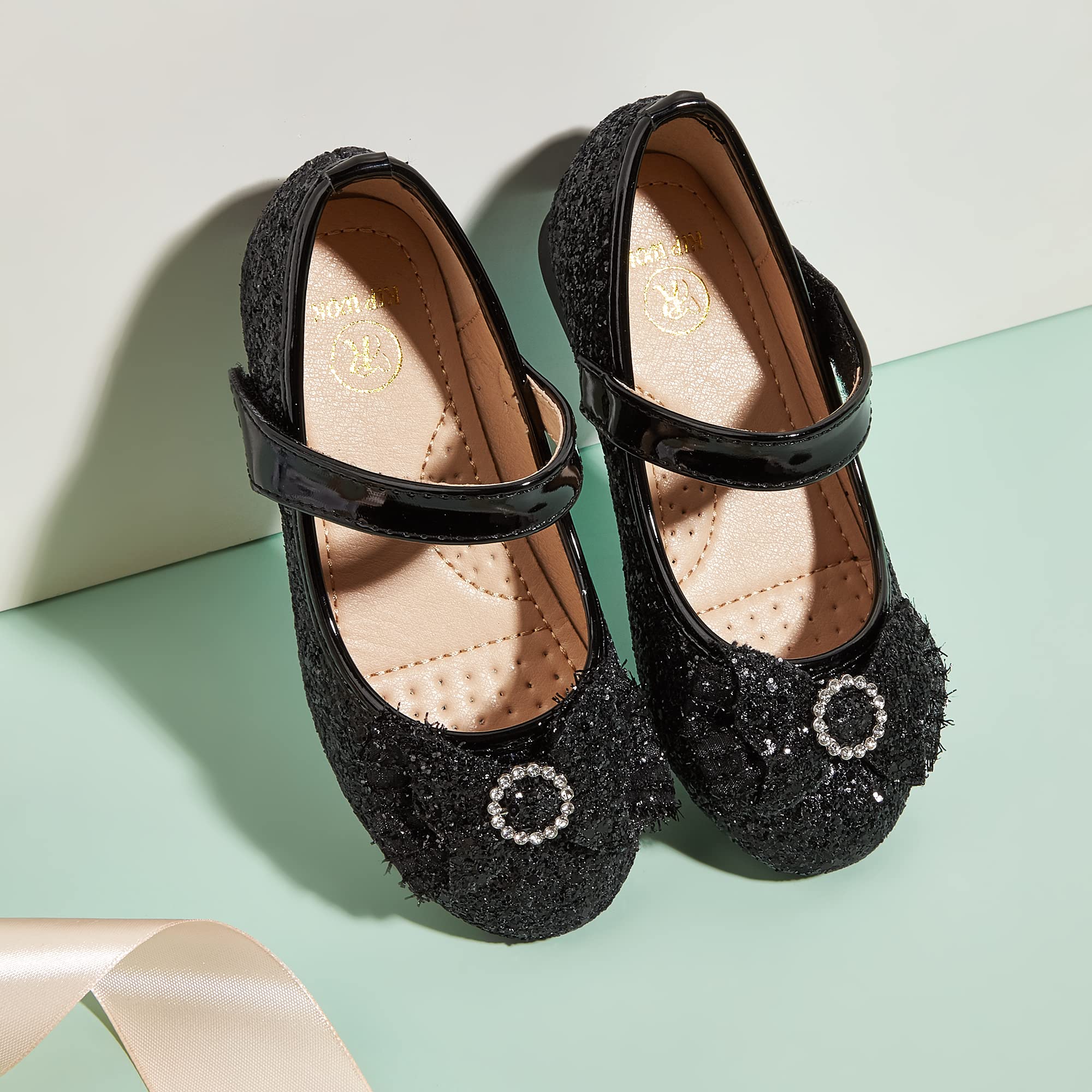 K KIP WOK Toddler Girl Mary Jane Shoes - Sparkly Glitter Ballet Flats with Flower Decor for Wedding, Party & Special Occasions | Comfortable Dress Shoes for Little Girls