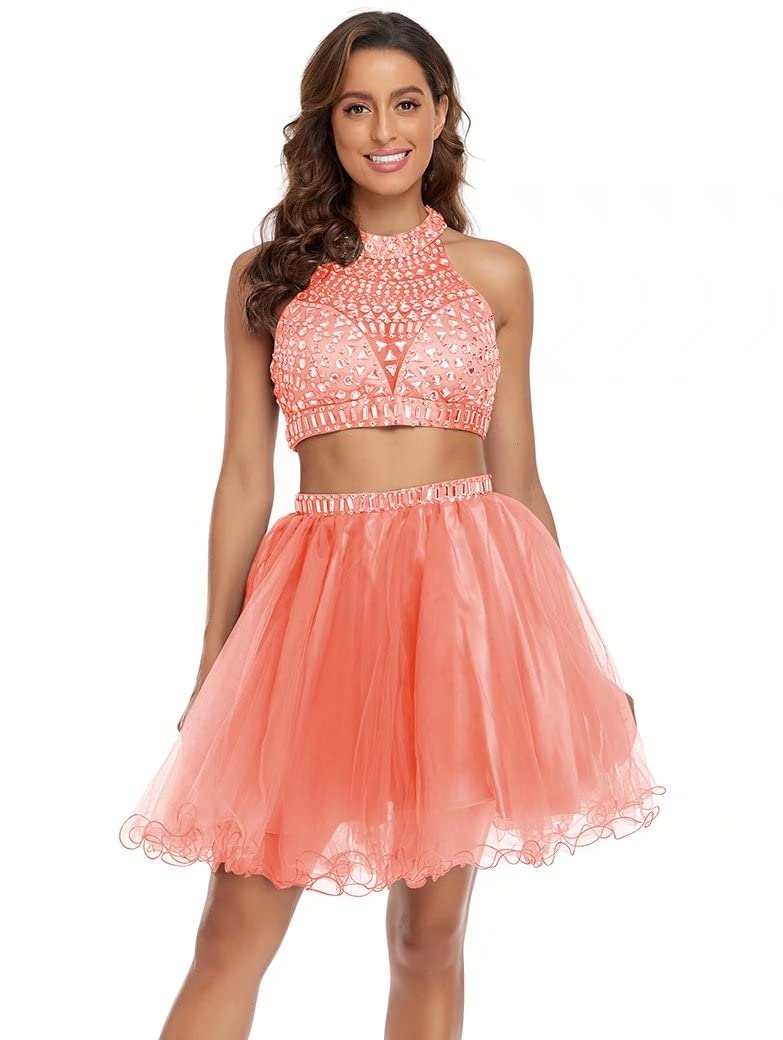 Two Piece Homecoming Dresses 2023 | Tulle Halter Short Prom Dresses | Sparkly Gown for Cocktail Party | Perfect for Homecoming, Prom, Formal Events & Special Occasions