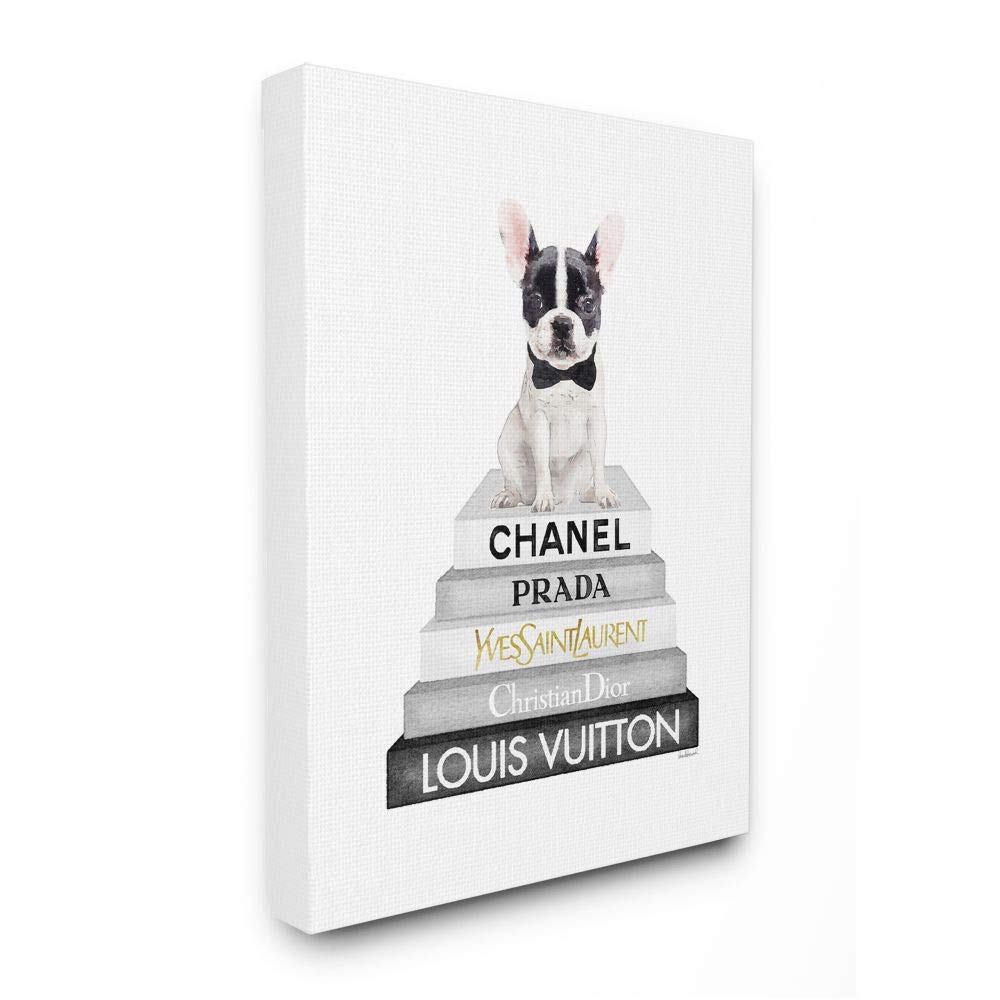 Stupell Industries French Bulldog Puppy Sitting on Glam Bookstack Wall Art - 36x48 Inches, White Canvas Painting - Perfect for Living Room, Bedroom & Office Decor