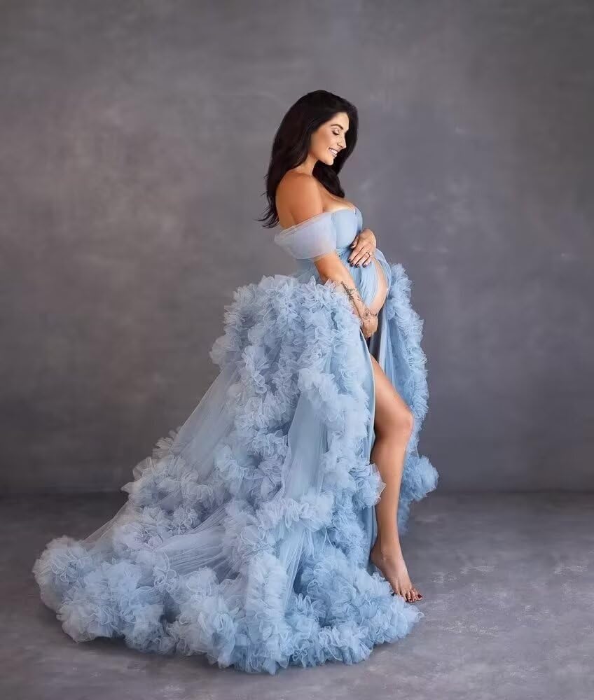 Elegant Women's Maternity Photoshoot Dress - Flowy Tulle Robe with Puffy Ruffles, Bridal Lingerie & Sheer Wedding Scarf for Maternity Shoot, Boudoir, Bridal Shower & Special Occasions