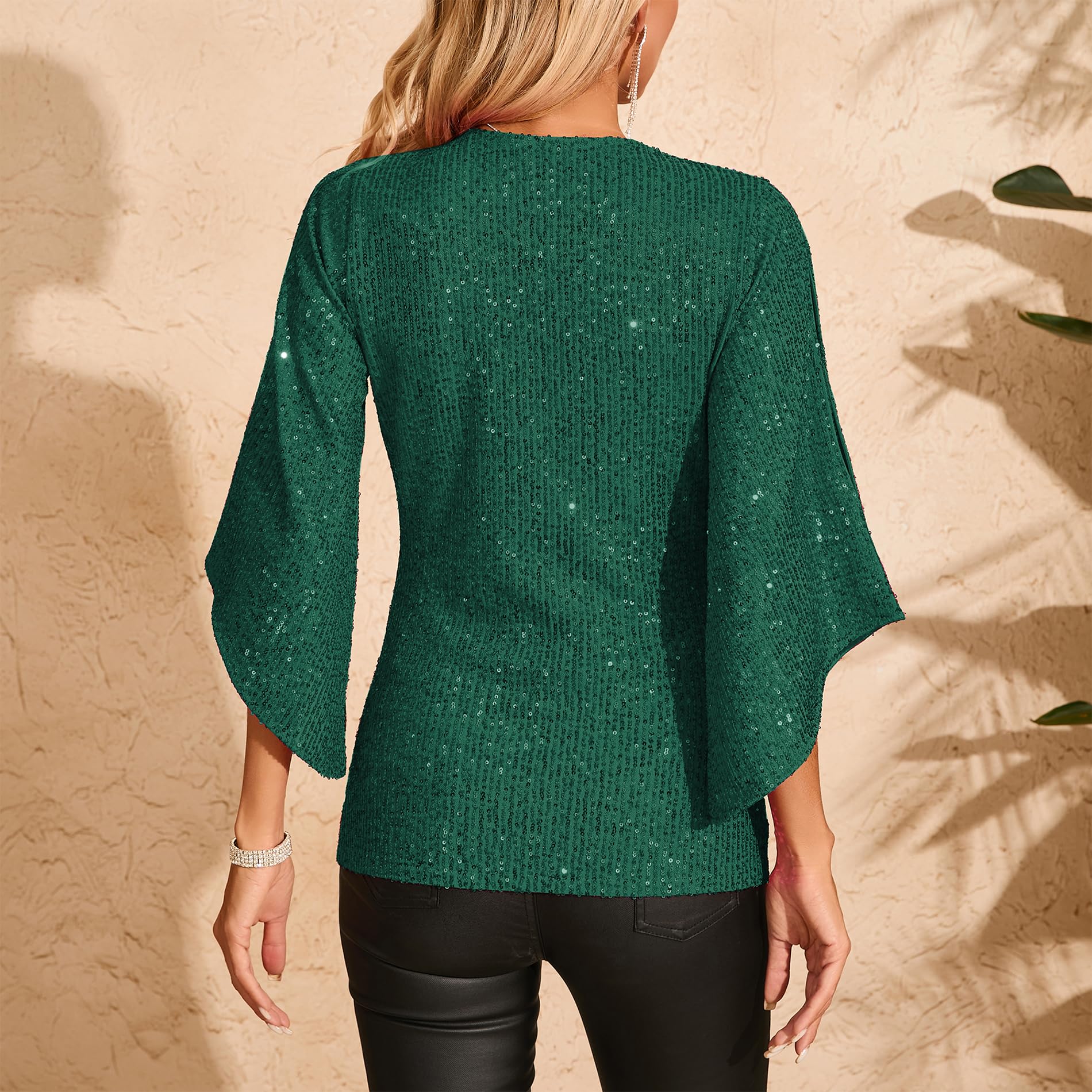 Sparkly Sequin V-Neck Blouse for Women - 3/4 Sleeve Glitter Party Top for Night Out, Club Wear & Special Occasions