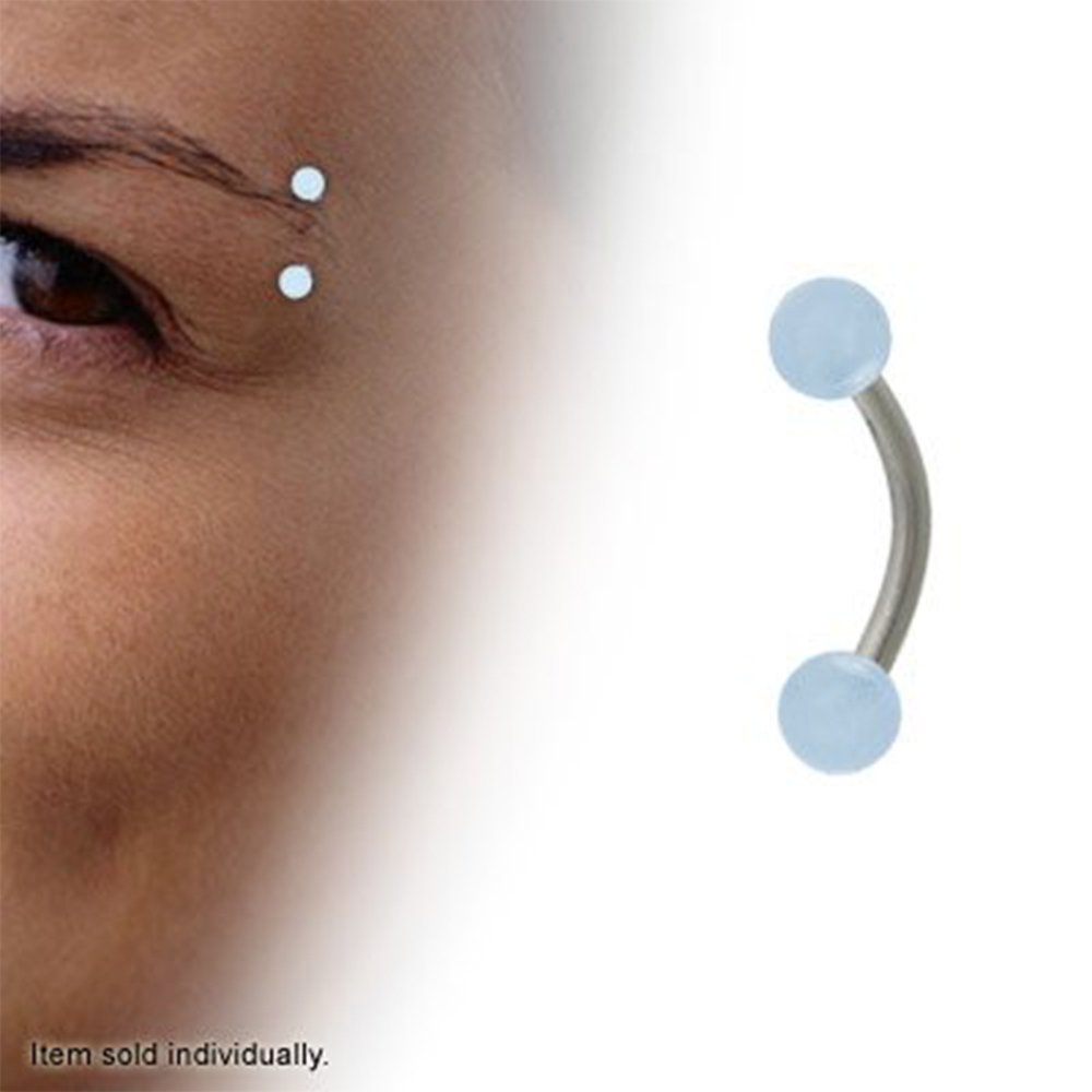 Curved Eyebrow Ring 16ga - Light Blue Glow Acrylic Beads for Night Parties