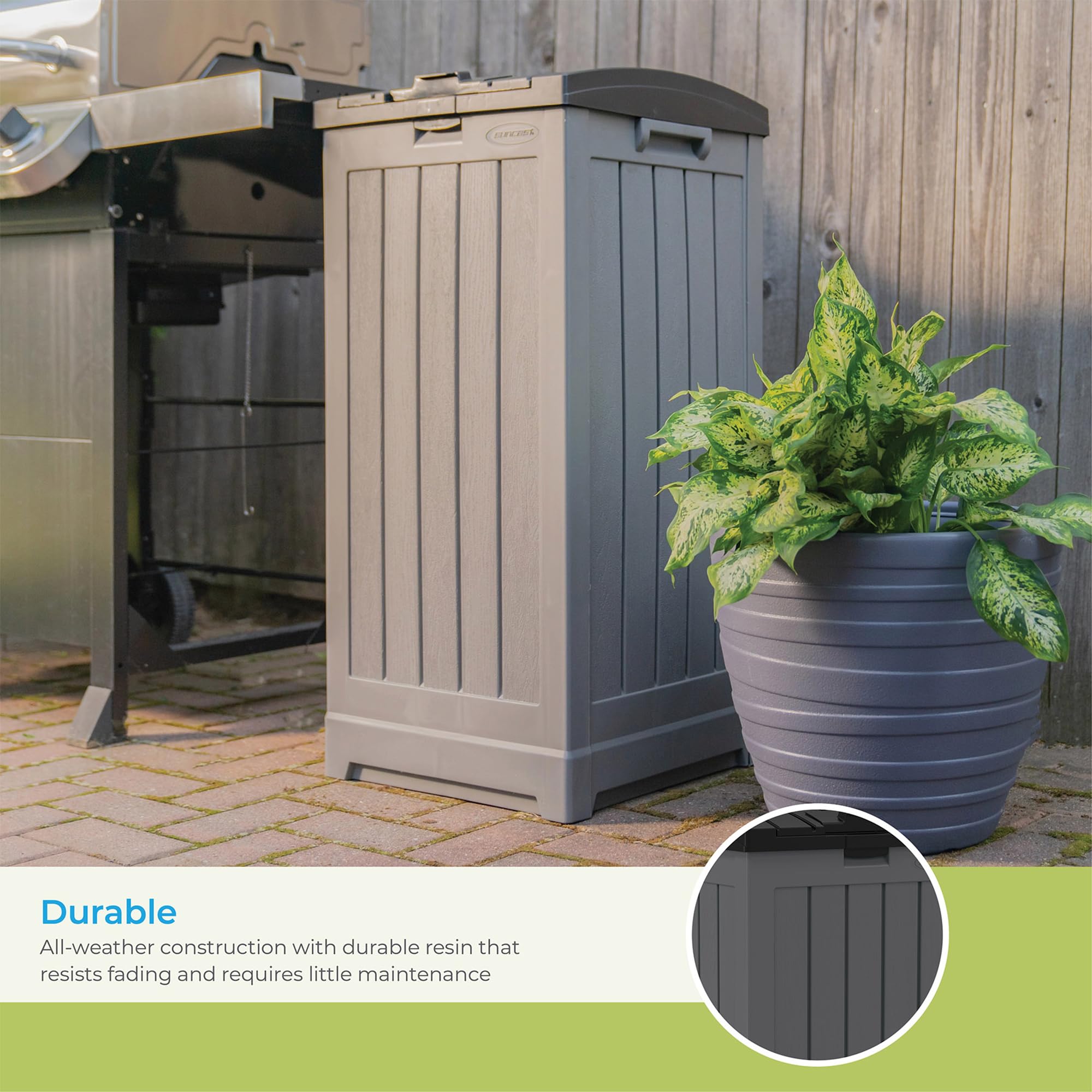 Suncast 39 Gallon Outdoor Trash Hideaway - Peppercorn Deck Waste Bin with Latching Lid, Liquid Tray & Handles | Durable Patio Garbage Can with Trash Bag Holder | Perfect for Backyard, Poolside & Outdoor Entertaining Areas
