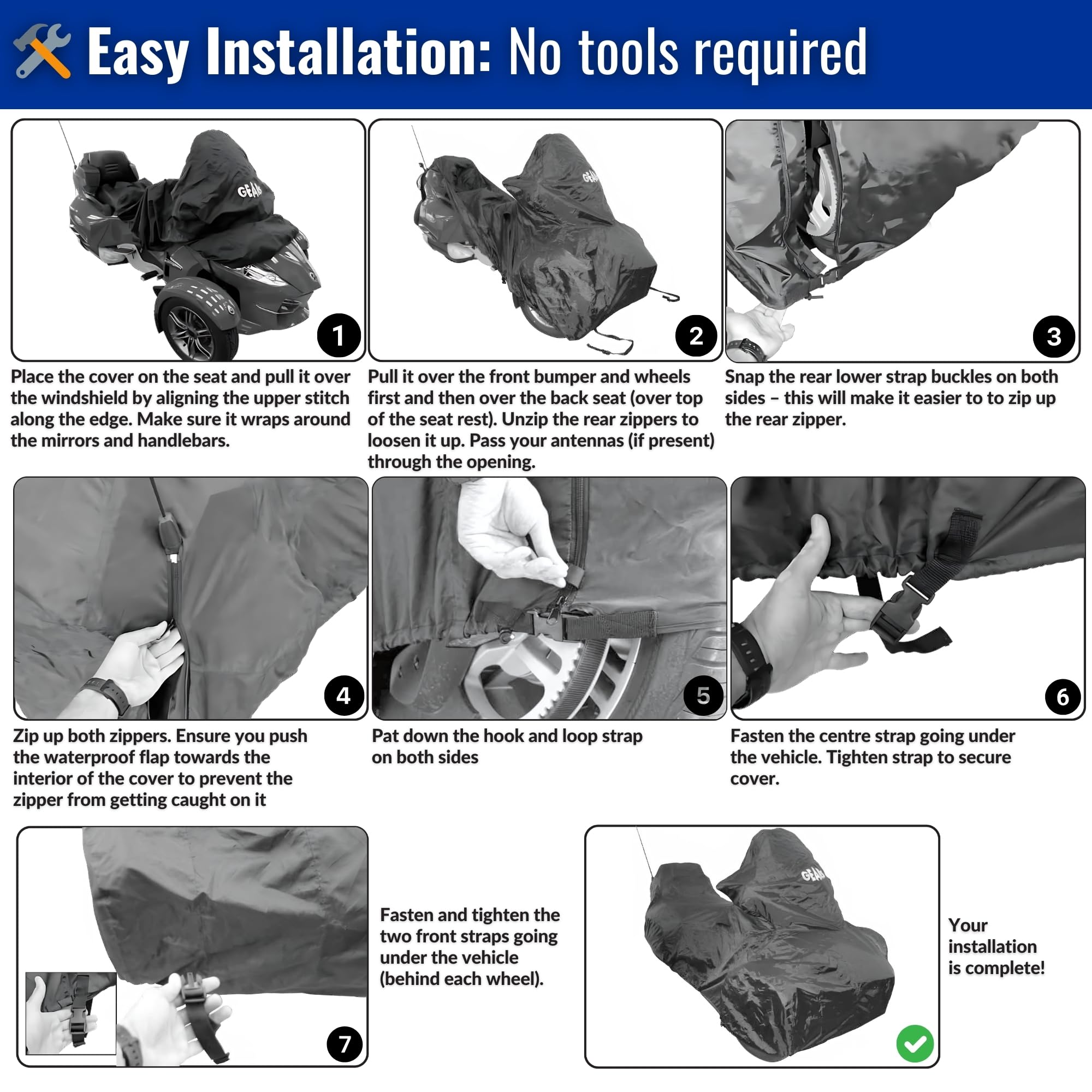 GEARS Waterproof 3-Wheel Motorcycle Cover for Can-Am Spyder RT & RT Limited (Fits 2019 & Older Models) - Includes Storage Bag - All-Weather Protection for Indoor/Outdoor Use - Ideal for Garage, Travel & Long-Term Storage