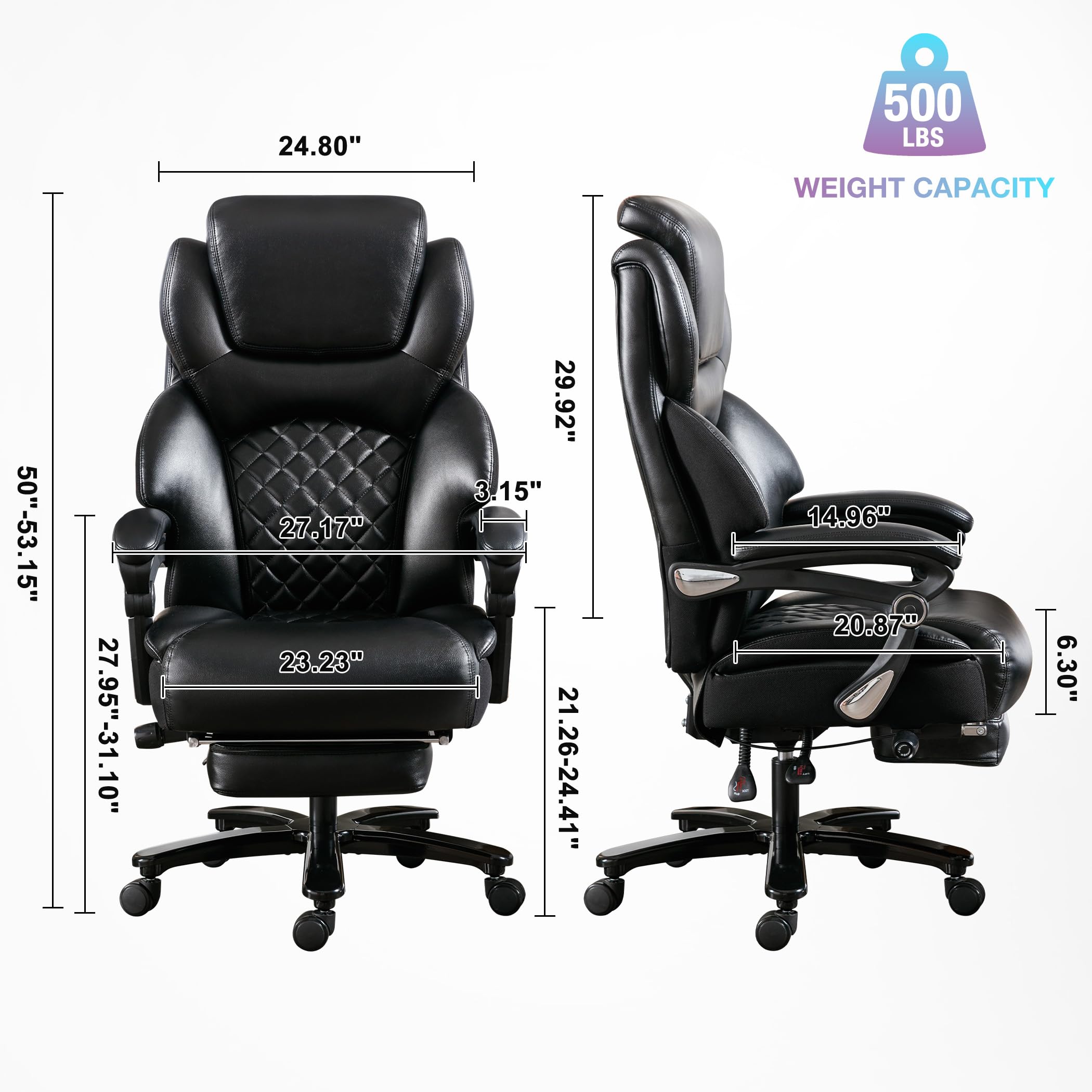 Big and Tall Office Chair for Heavy People up to 500 lbs - Extra Wide High Back Executive Chair with Reclining Feature, Footrest & Lumbar Support - Premium PU Leather Ergonomic Desk Chair for Home Office, Gaming, and Workspace Comfort
