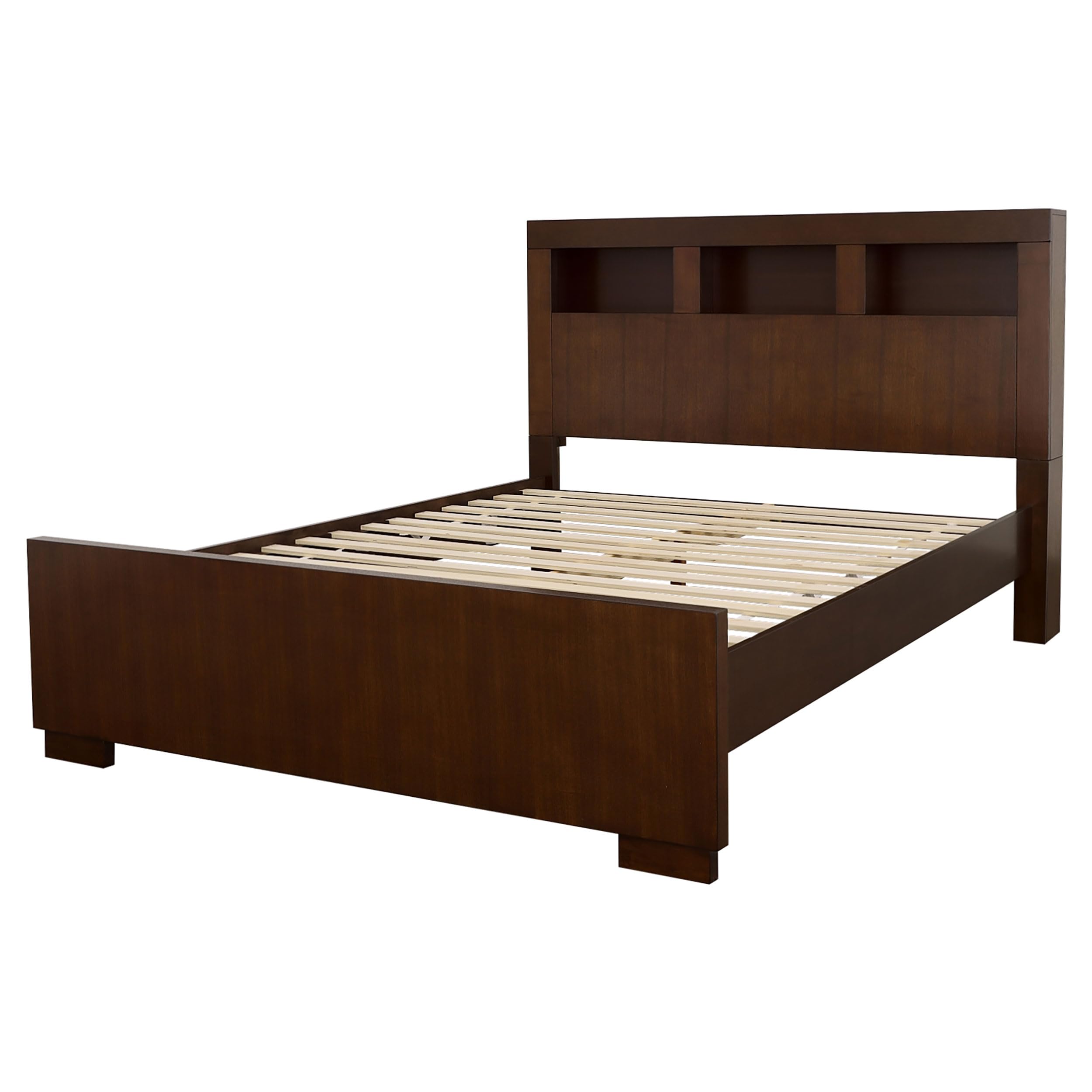 Coaster Home Furnishings Jessica Contemporary Wood Queen Size LED Storage Bookcase Bed Frame with 47-inch Headboard in Cappuccino - Modern Platform Bed with Built-in Storage for Small Spaces & Apartment Living