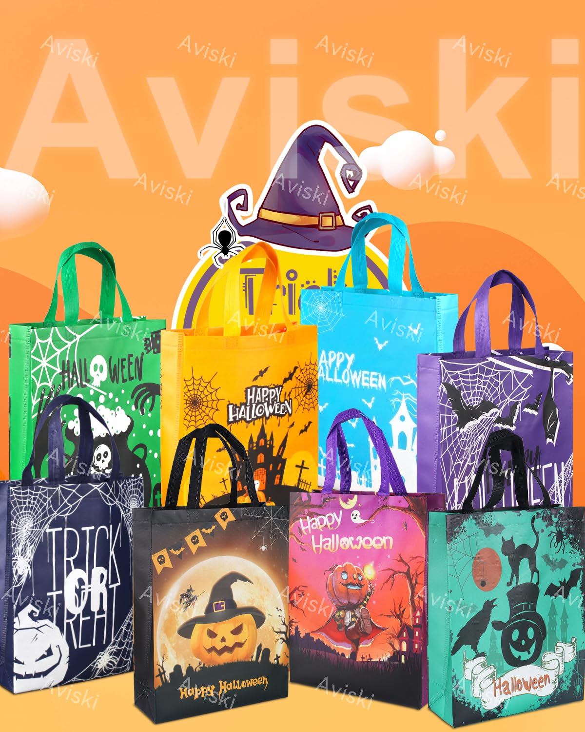 Aviski 8-Piece Halloween Tote Bags Set - Large Reusable Non-Woven Gift Bags for Party Favors, Treats & Holiday Wrapping | Perfect for Trick-or-Treat, Halloween Parties & Festive Gift Giving