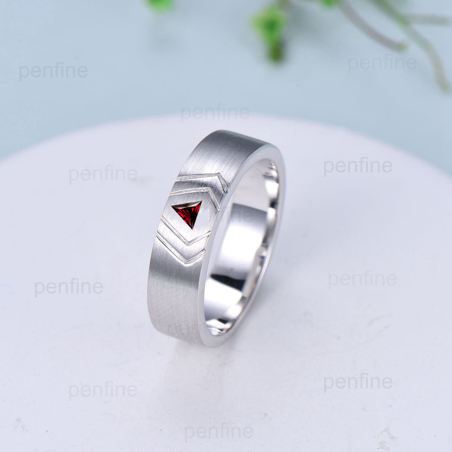6mm Men's Wedding Band Ring - 14K Solid White Gold Trillion Garnet Solitaire Ring with Brushed Finish, Matching Band Gift for Him - Perfect for Anniversaries, Engagements & Special Occasions
