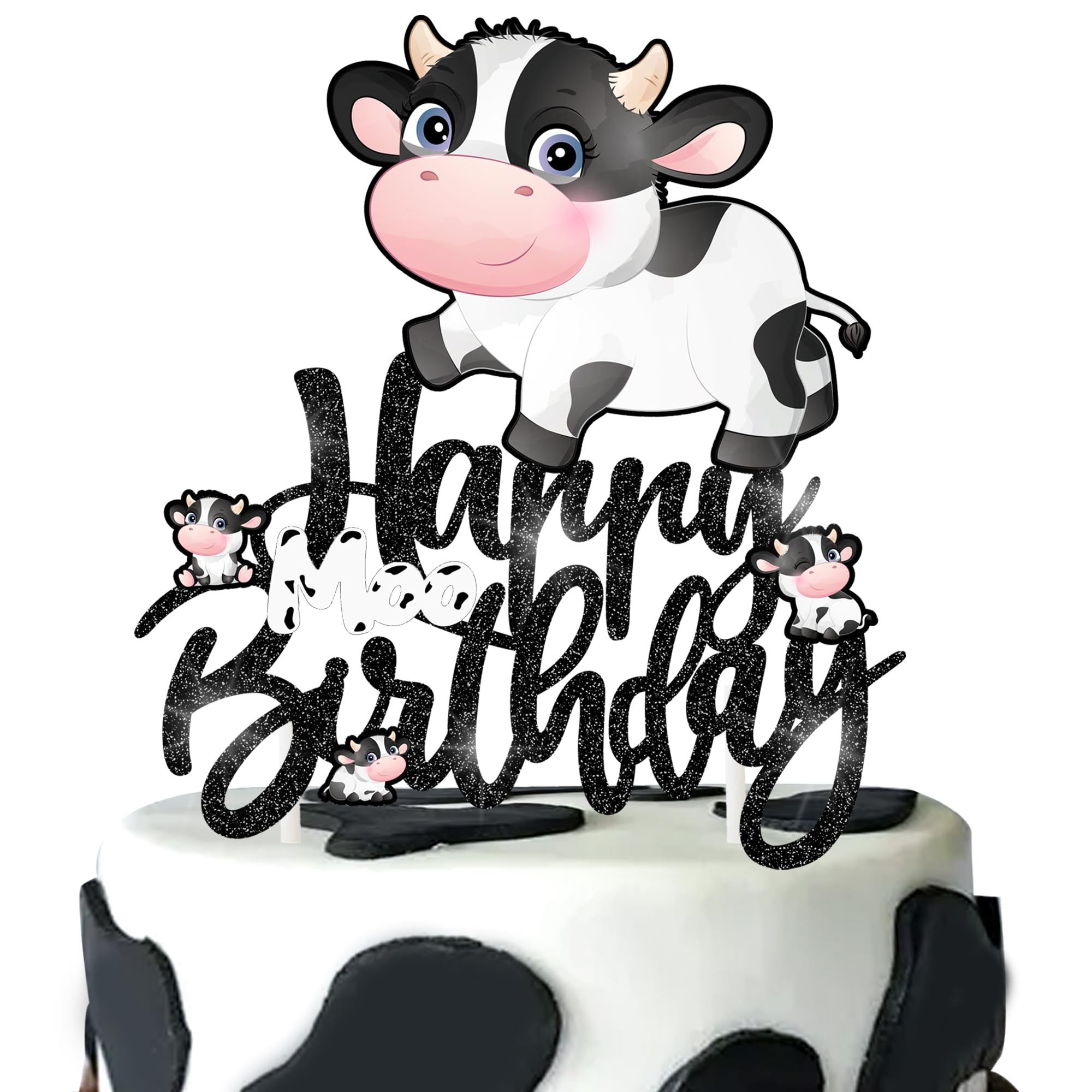 Happy Birthday Cow Cake Topper - Glitter Farm Animal Party Decorations for Kids Birthday, Baby Shower & Zoo Themed Events - Perfect for Farm-Themed Cakes, Cupcakes and Party Desserts